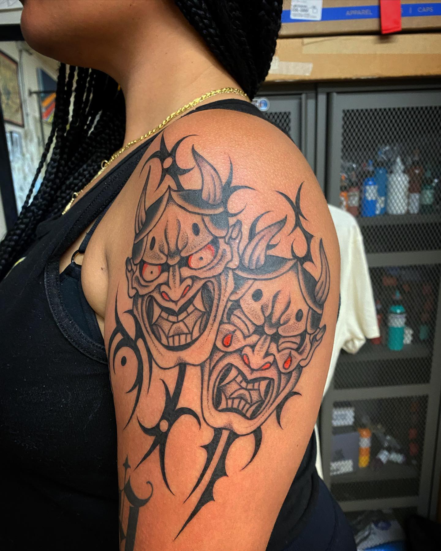 Demon mask japanese irezumi tattoo on the shoulder by Alan Pham, San Jose, California