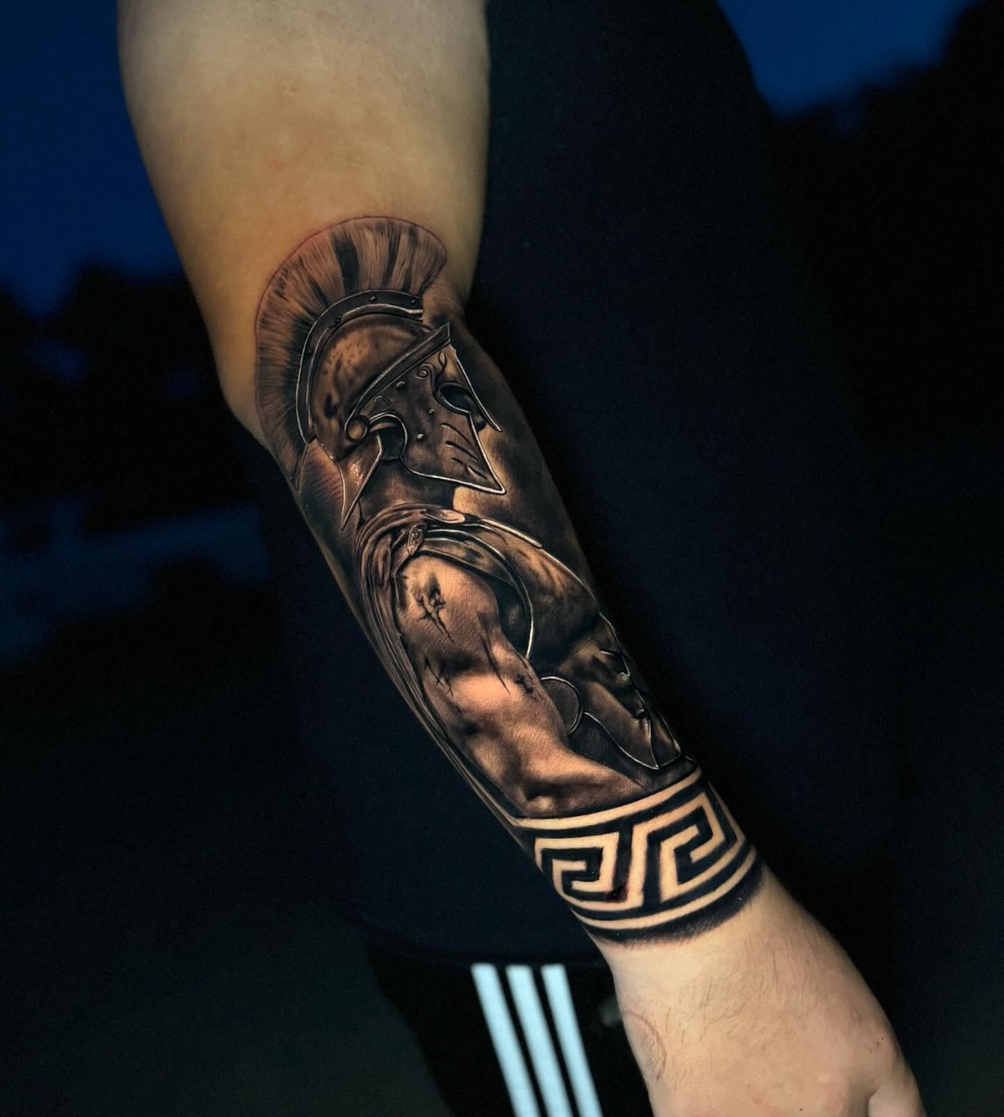 Spartan warrior realism tattoo on the forearm by π΅ππππ πΏπππππ, Houston, Texas