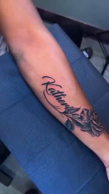 Tattoo by @felixxmtattoo — lettering_script, black_and_grey