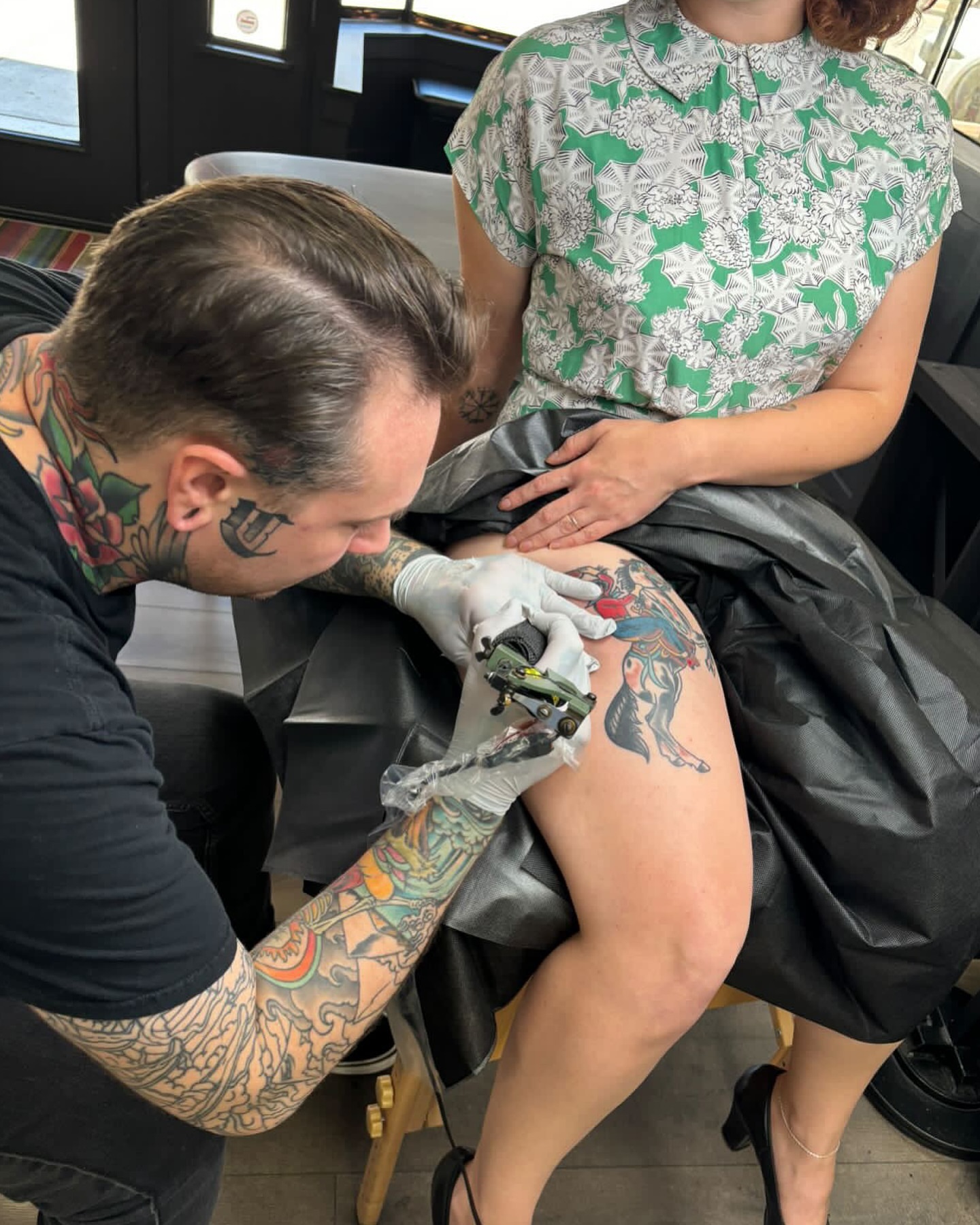 Mermaid American traditional tattoo on the thigh by Alex Fannin