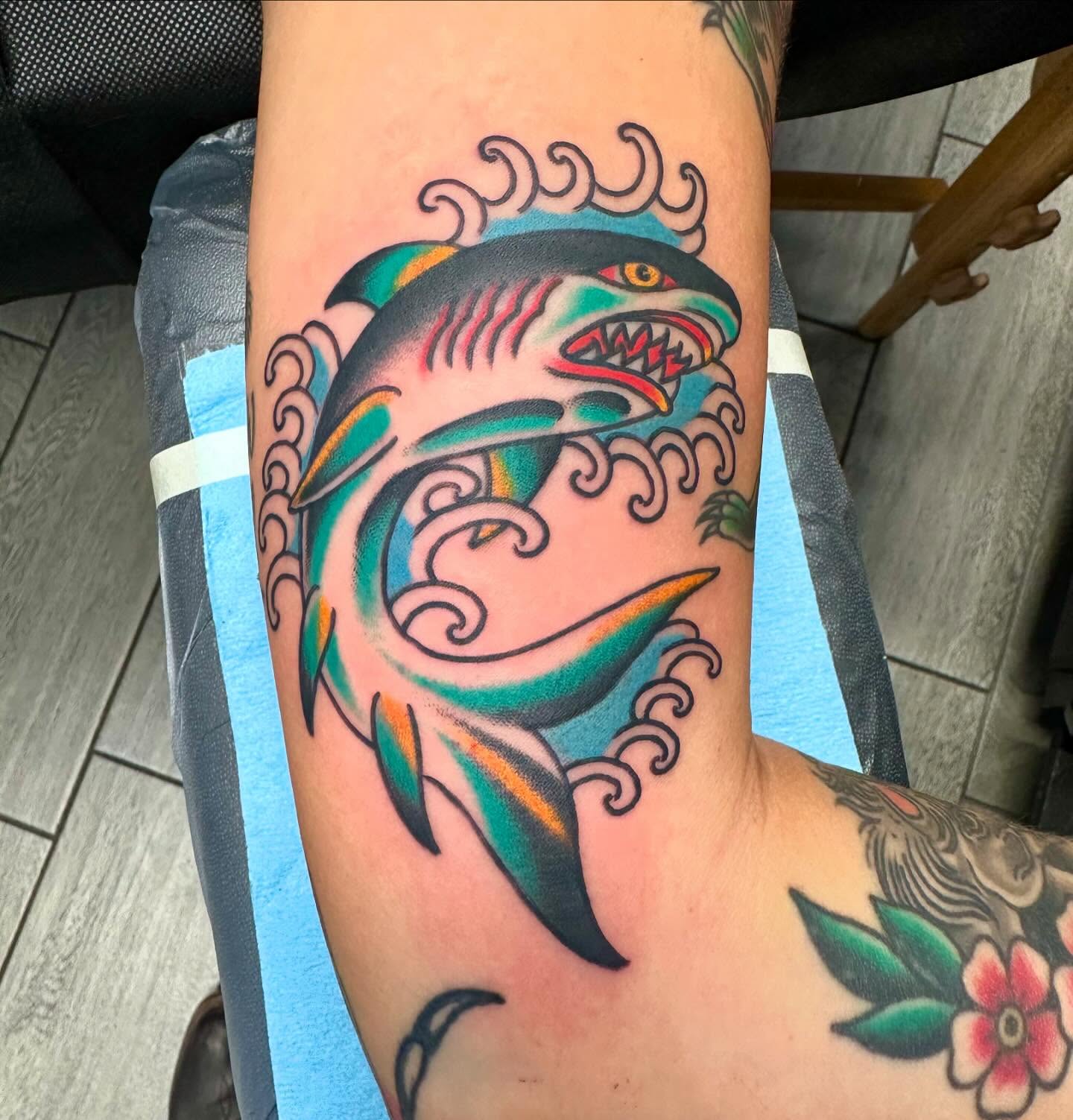 Shark American traditional tattoo on the forearm by Dave G