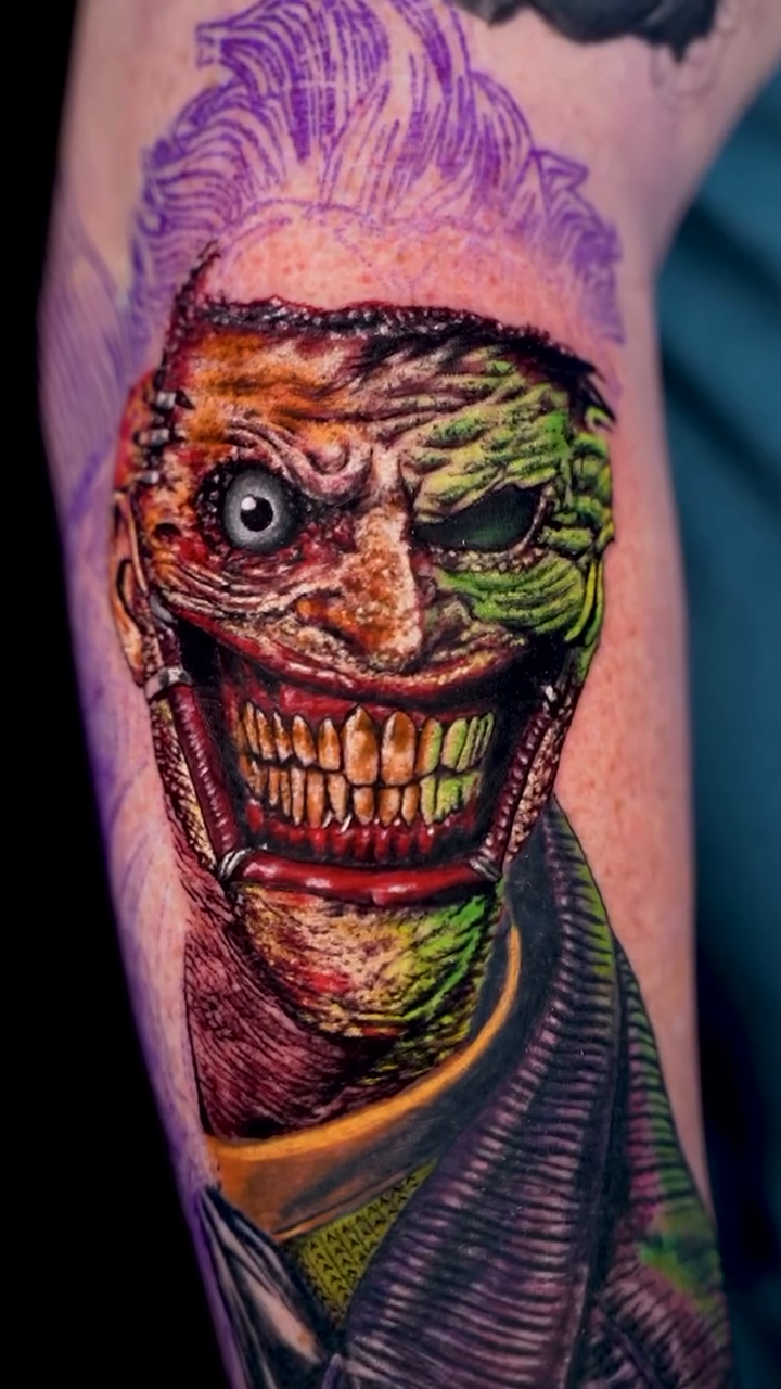 Two-Face Joker realism tattoo by Keebs