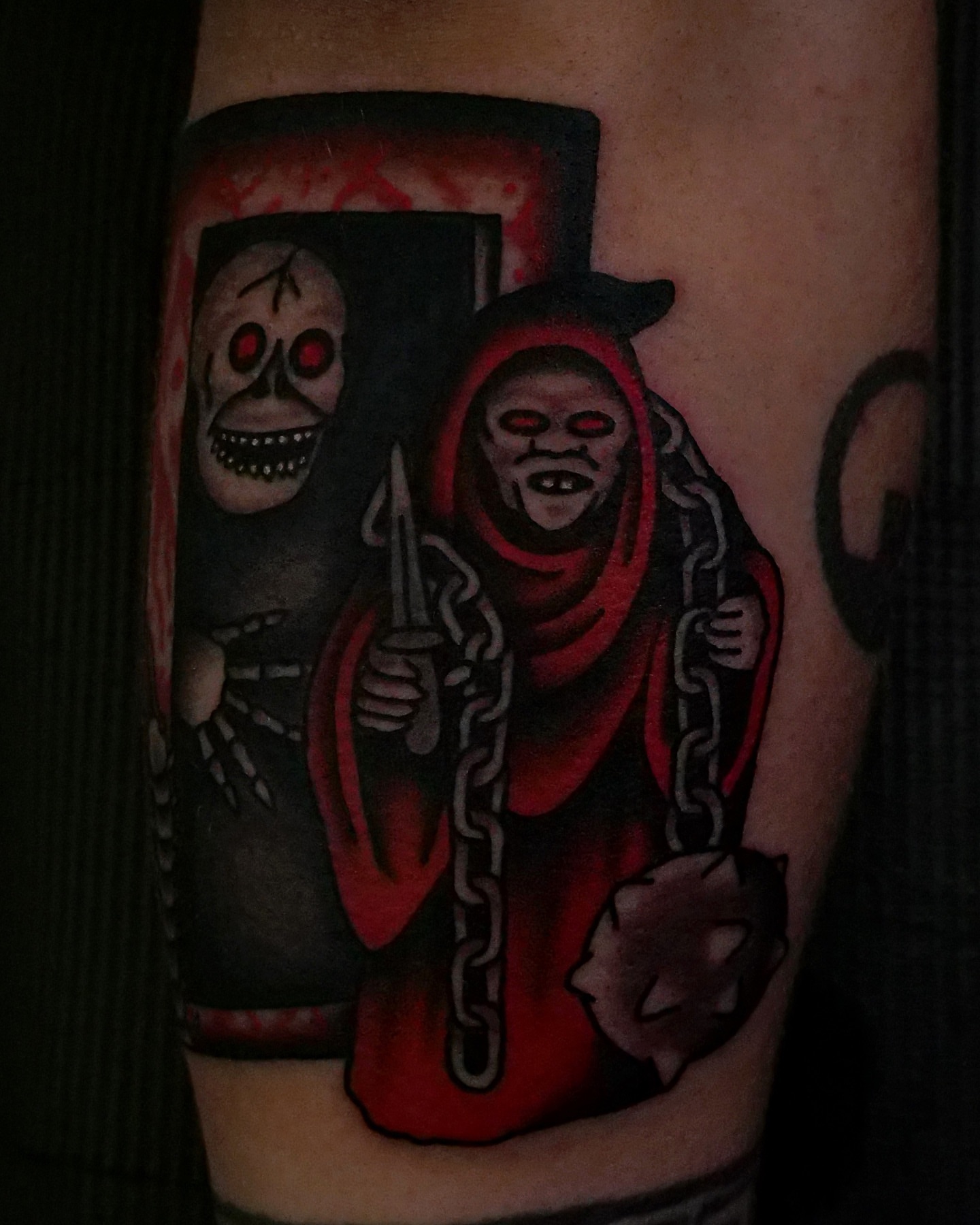 Grim reaper and skeleton American traditional tattoo on the forearm by Brandon Murphy