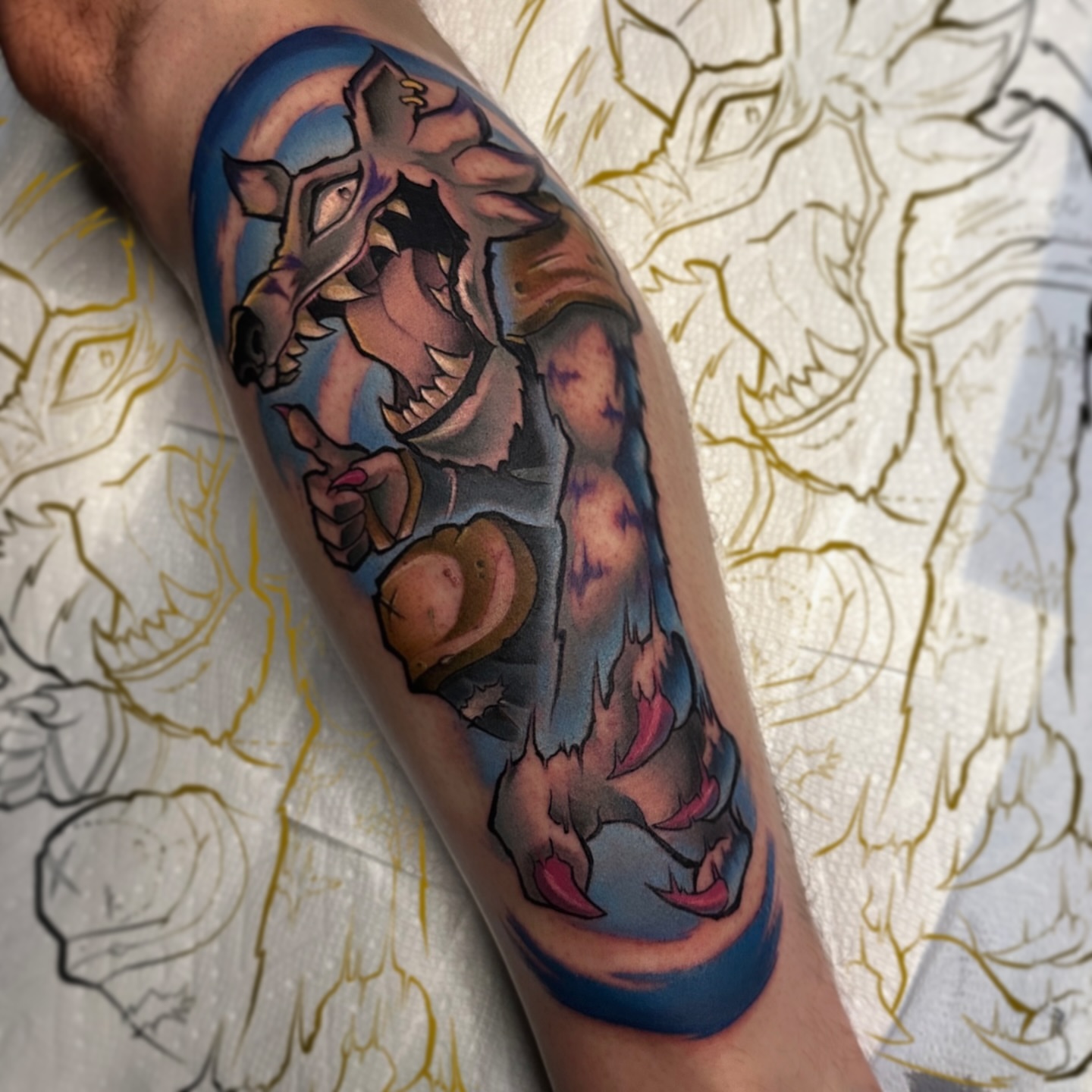 Wolf new school tattoo on the forearm by Jason