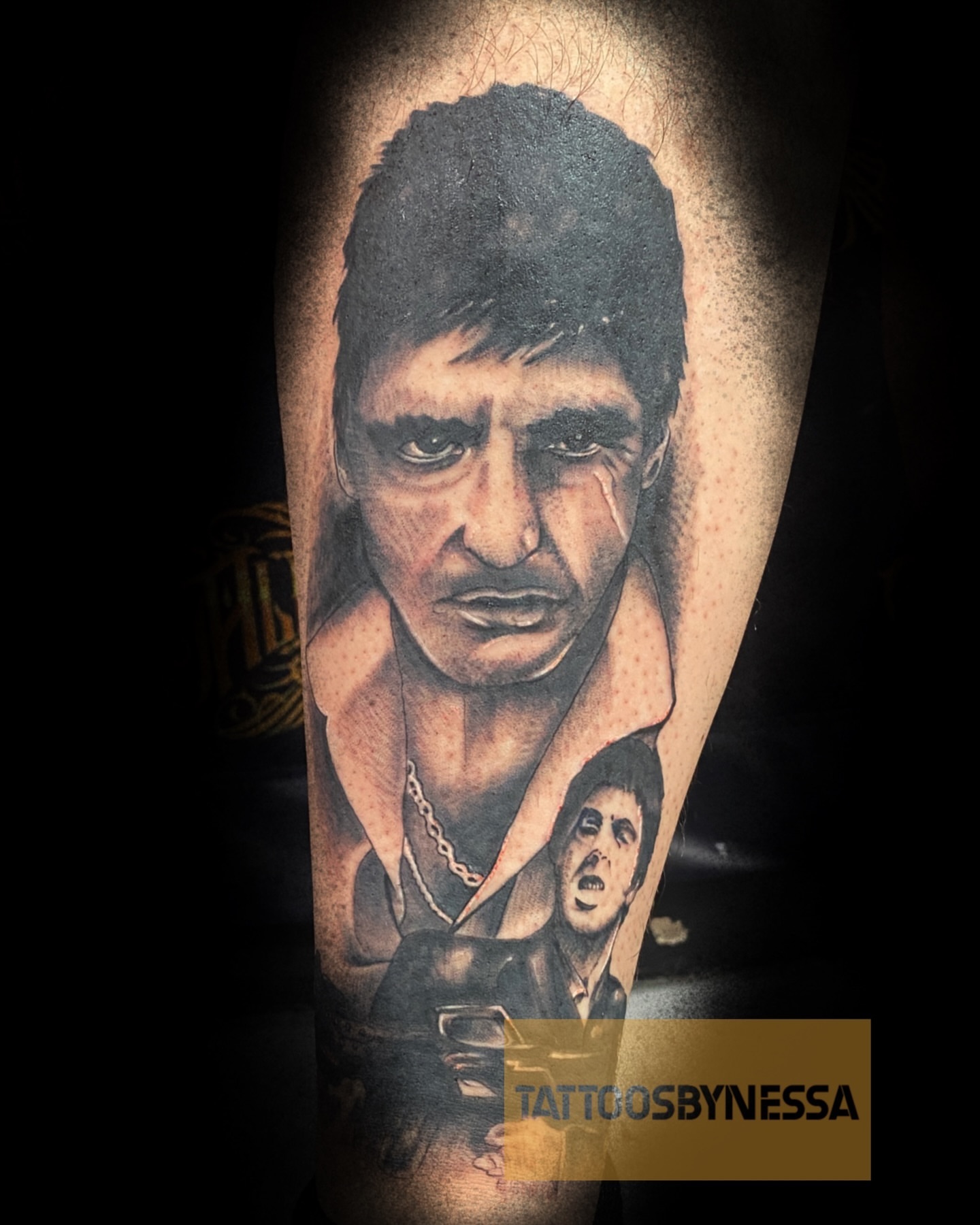 Scarface realism tattoo on the forearm by Nessa, Las Vegas, Nevada