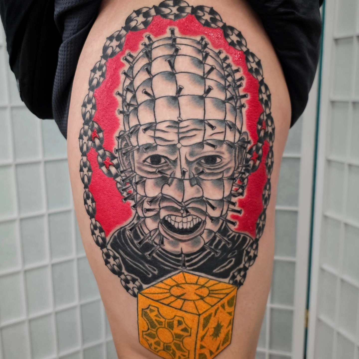 Pinhead dark realism tattoo on the thigh by Avelourd Legaspi