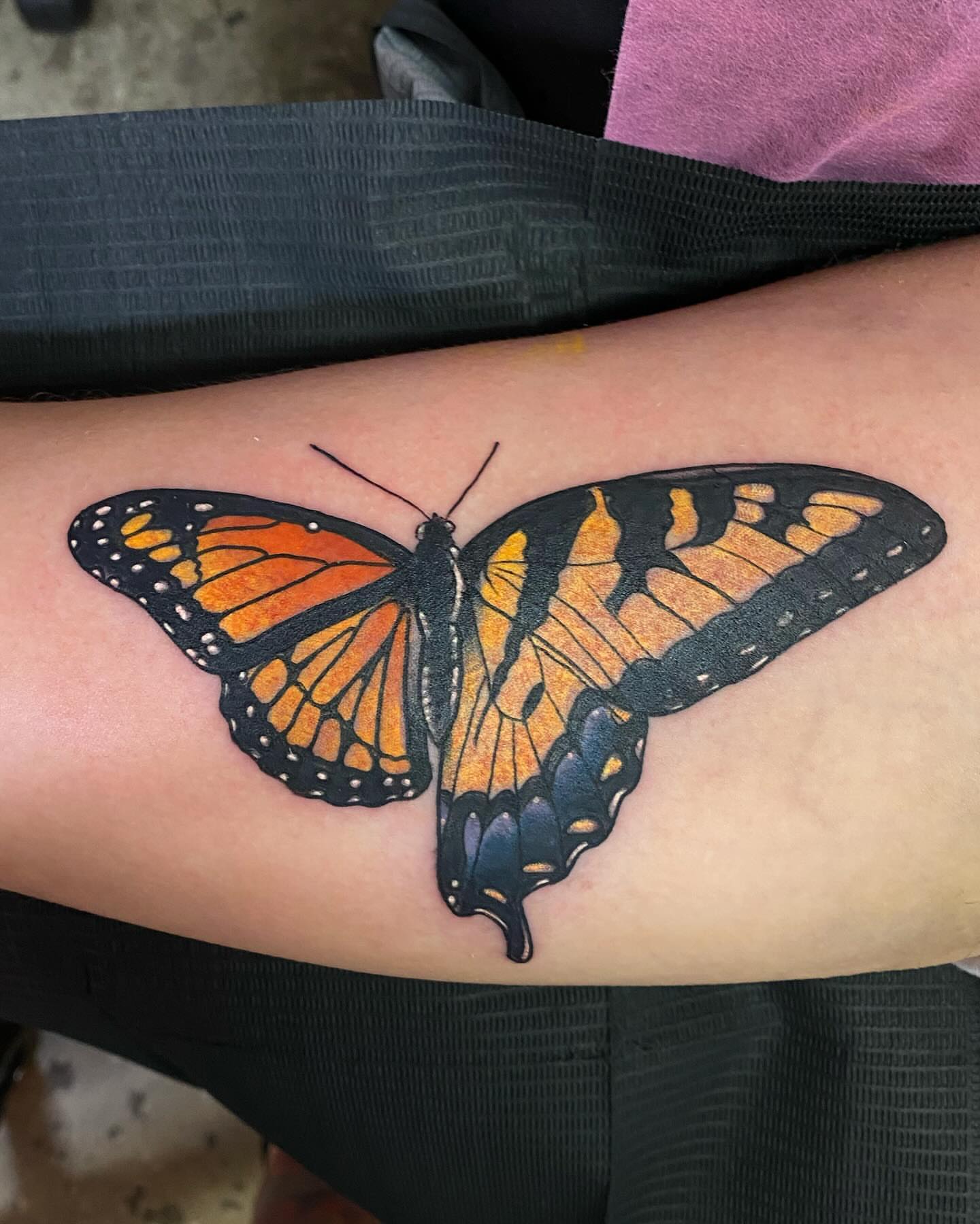 Monarch butterfly realism tattoo on the forearm by @kaitlin.tattoos, Richmond, Virginia