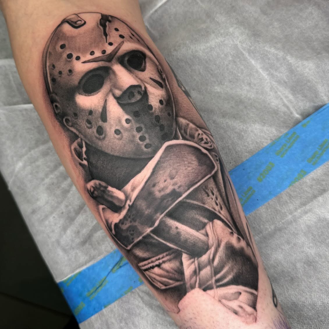 Jason voorhees realism tattoo on the forearm by Ryan Futterman