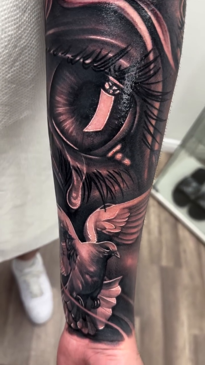Eye and dove realism tattoo by Joshua ramirez, Montebello, California