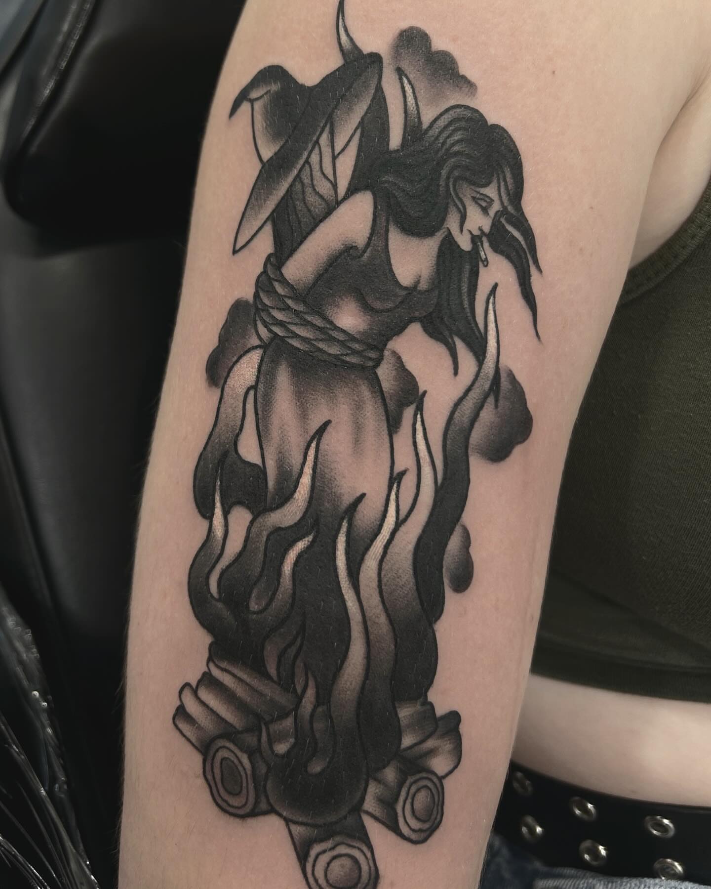 Woman with horns dark realism tattoo on the forearm by Samantha C, Bremerton, Washington