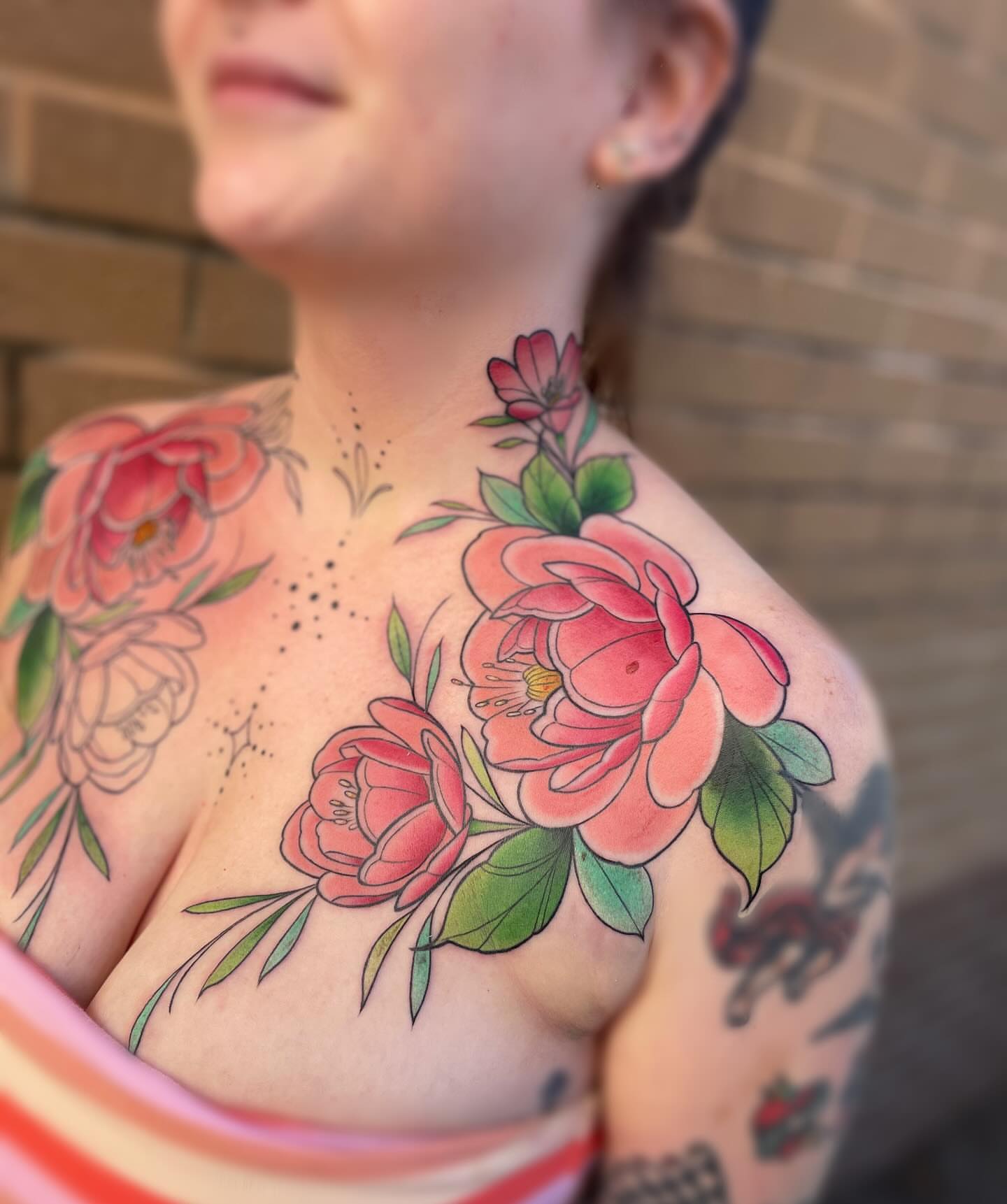 Floral bouquet American traditional tattoo on the chest by ๐ณ๐๐๐๐ข ๐ต๐๐๐๐๐๐