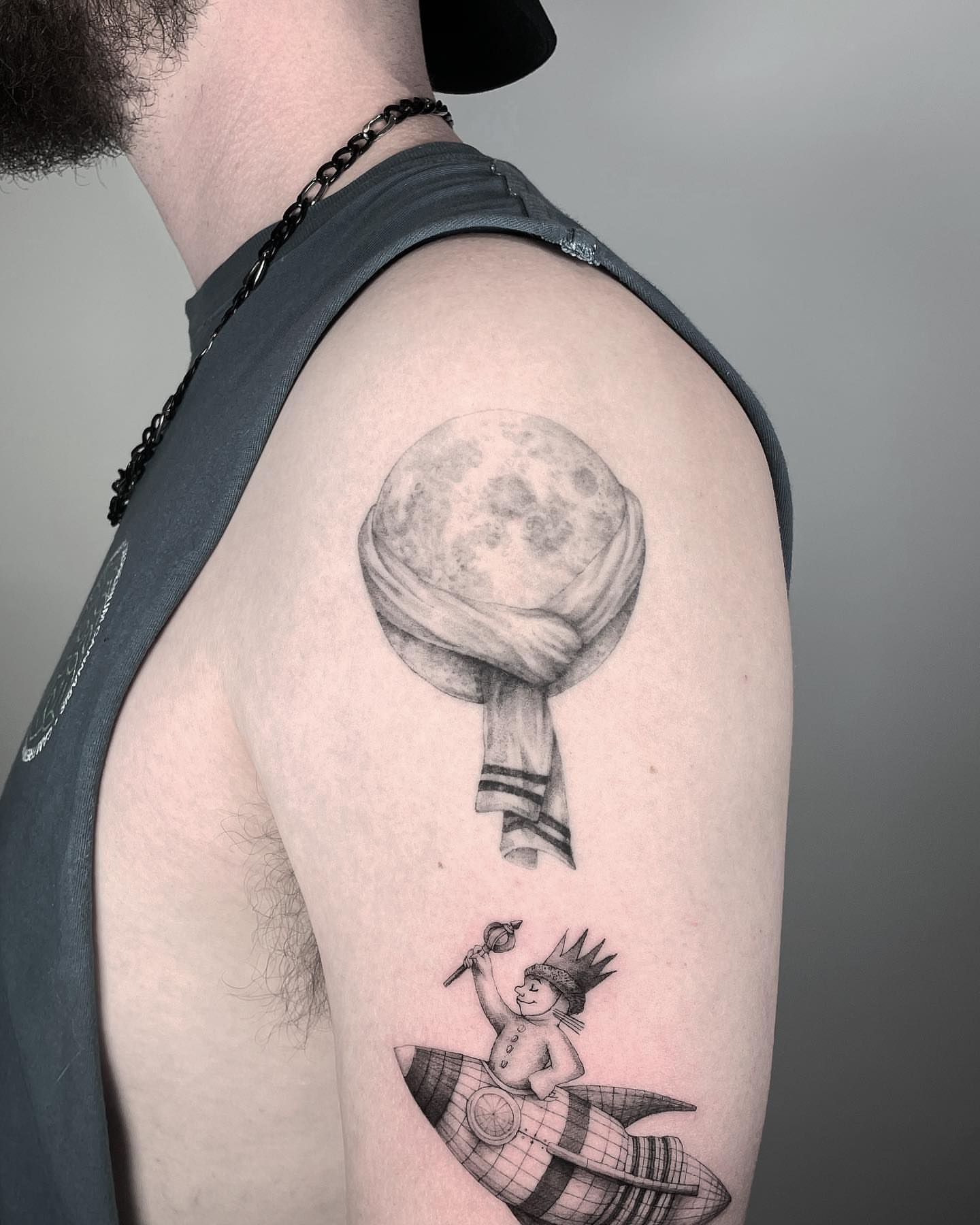 Rocket and moon realism tattoo on the shoulder by eugene k 🌈, San Francisco, California
