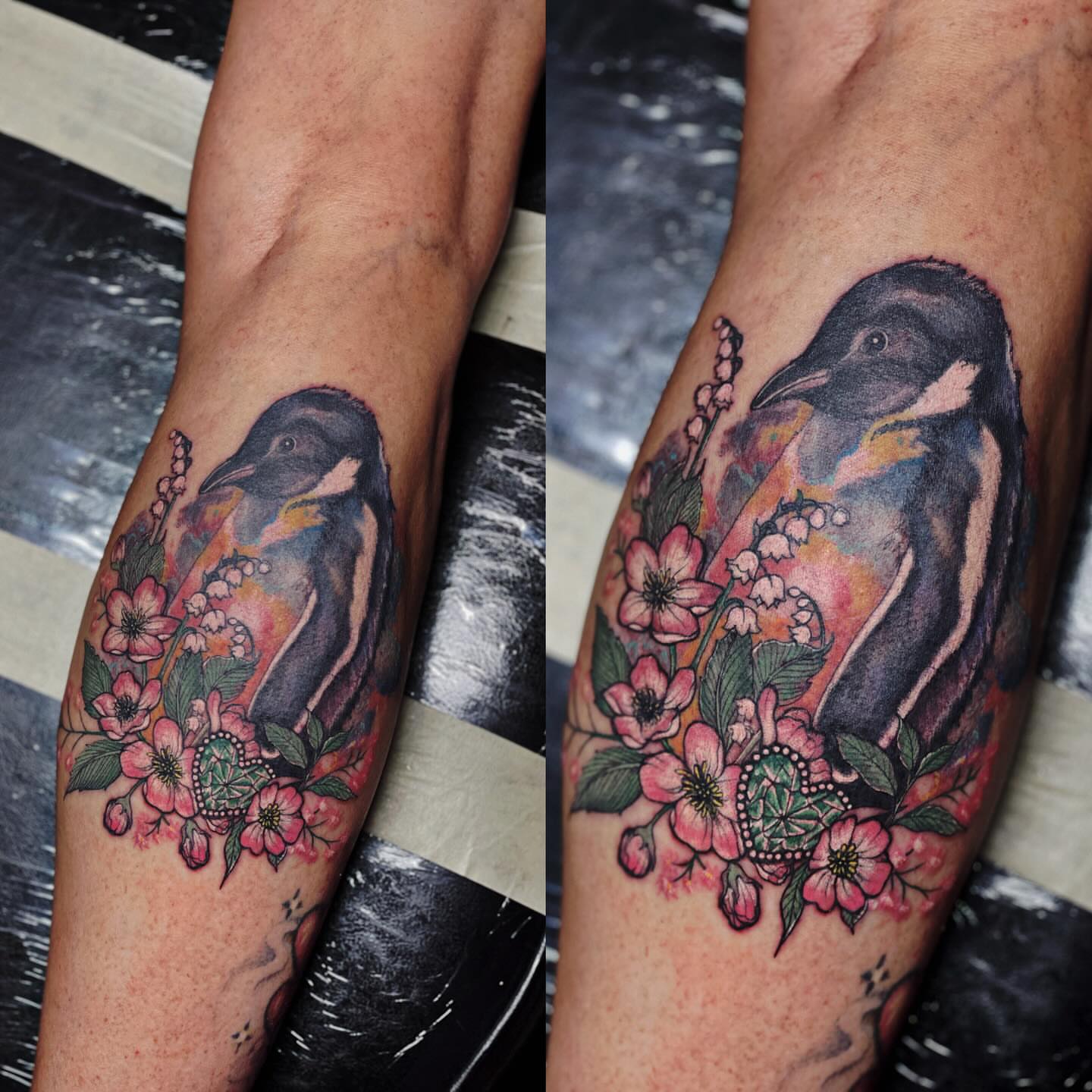 Bird with flowers watercolor tattoo on the forearm by Jamie Jane Voryer