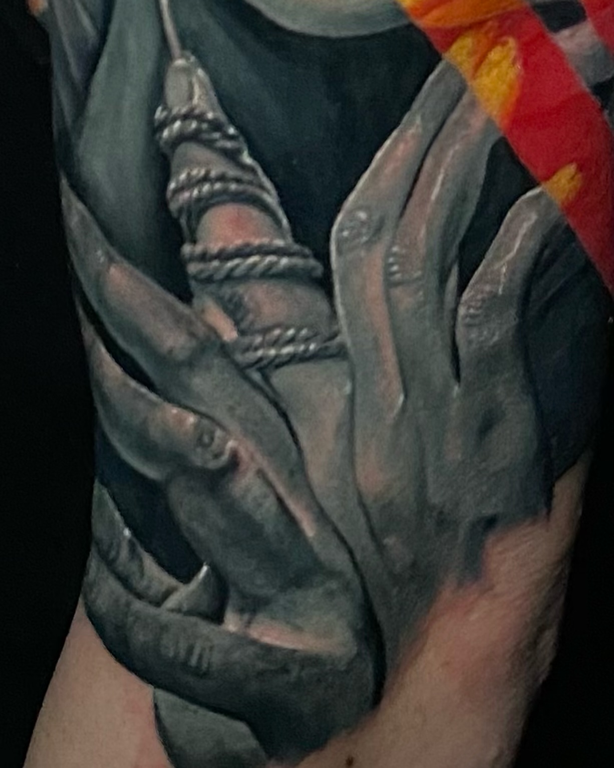 Hand with rope realism tattoo on the hand by Davier Del Castillo