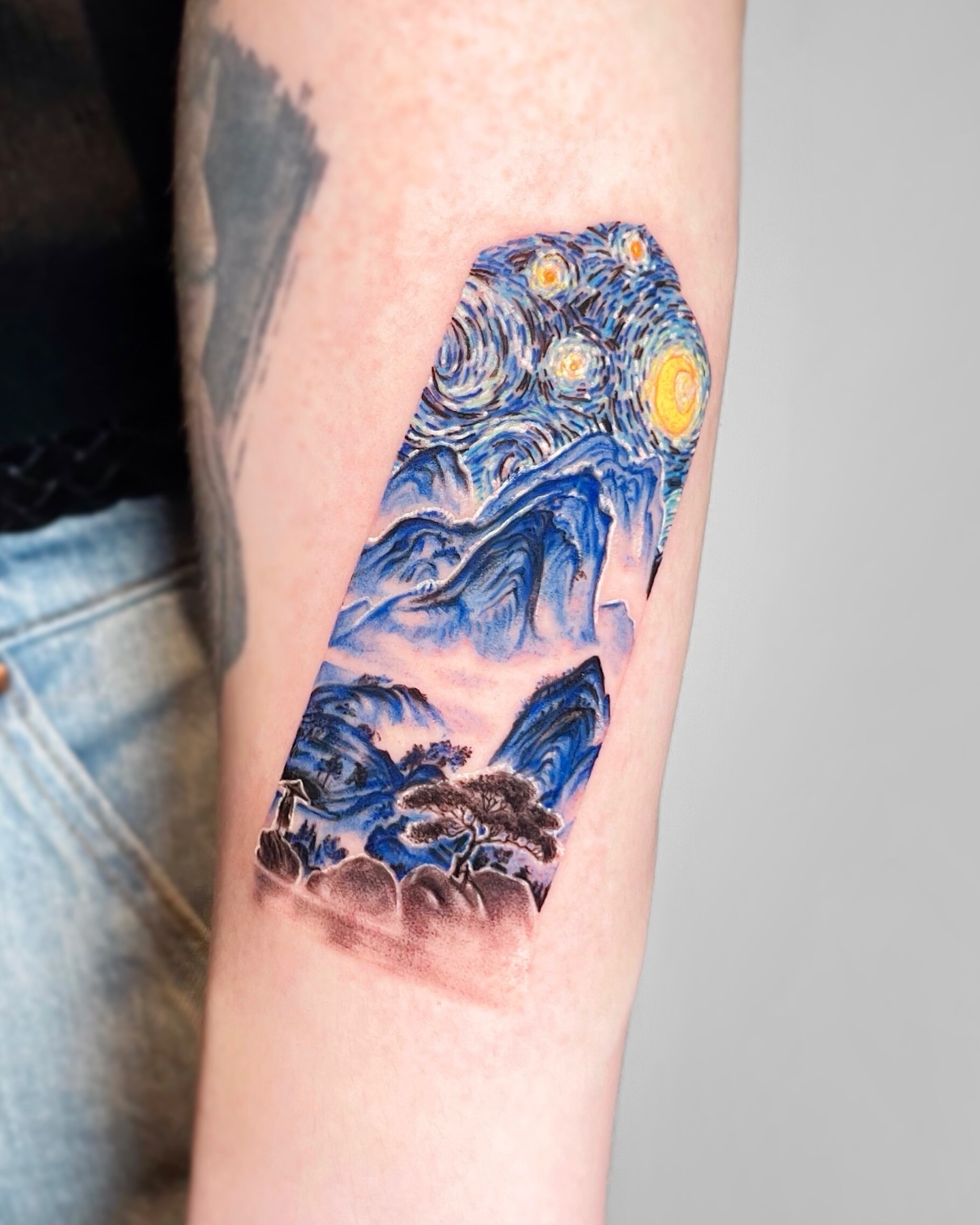 Starry night dotwork tattoo on the forearm by Yeye