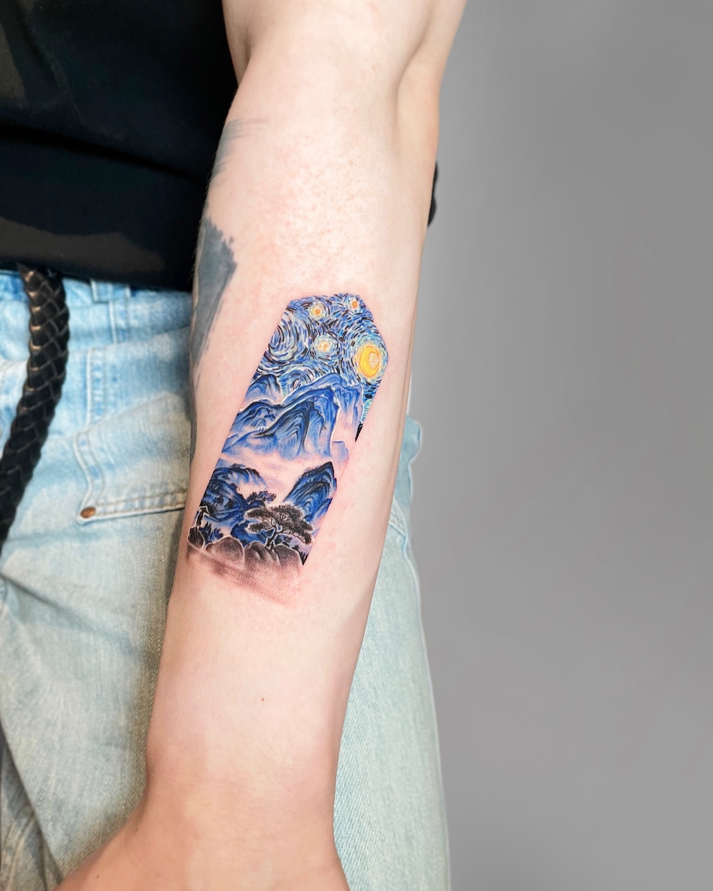 Starry night dotwork tattoo on the forearm by Yeye