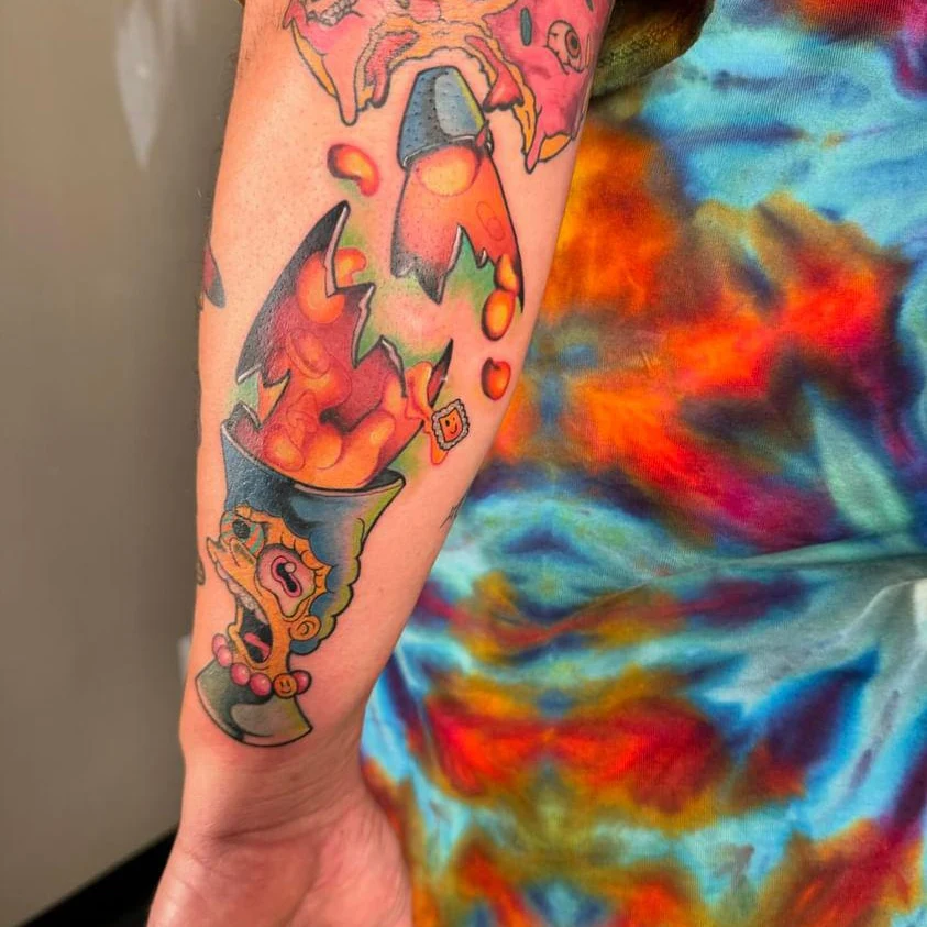 Fire and rocket American traditional tattoo on the forearm by ✨Jen Lochbihler✨, Dickson, Tennessee