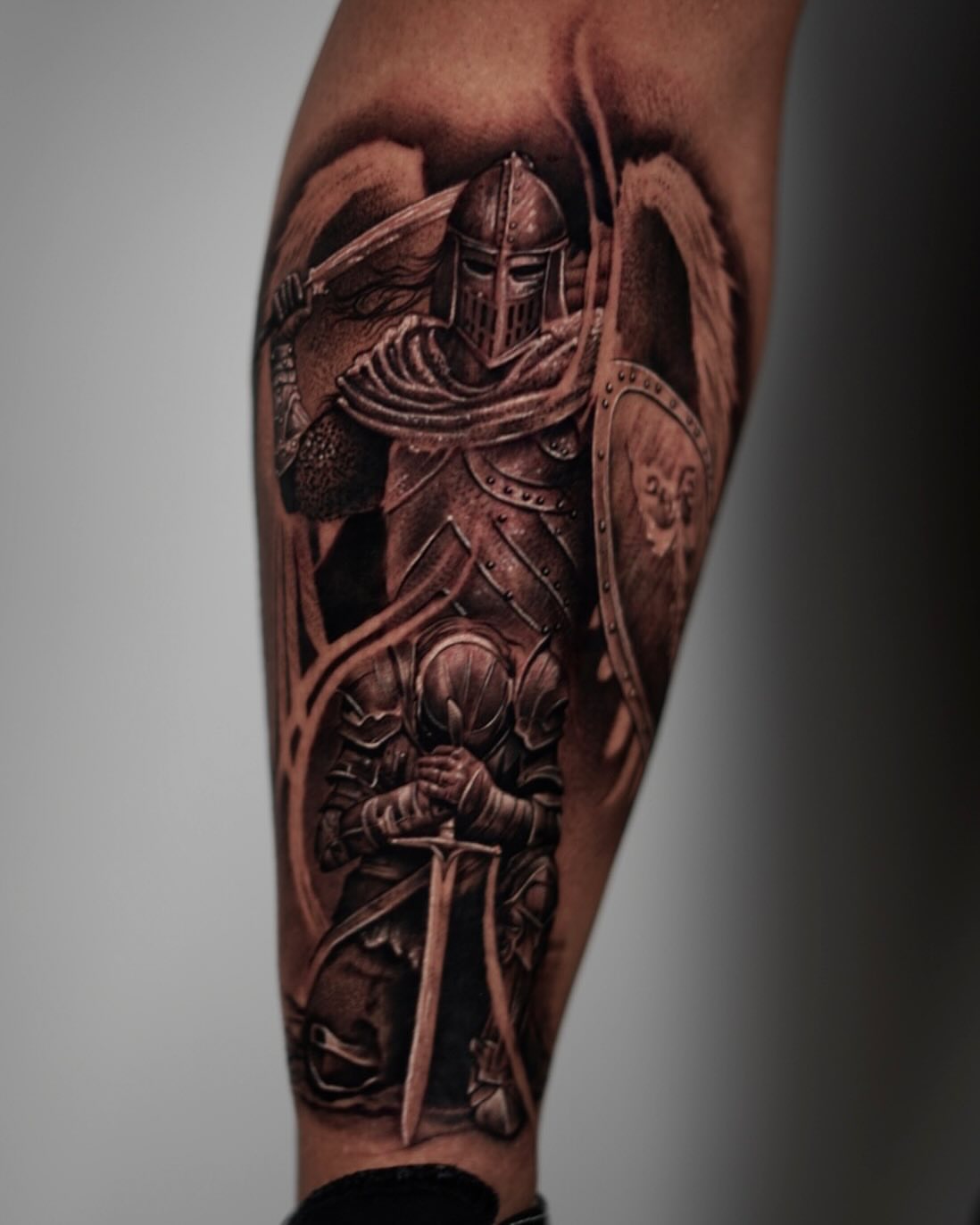 Knight in armor realism tattoo on the forearm by DREW ROMERO - Colorado Tattoo Artist, Pueblo, Colorado
