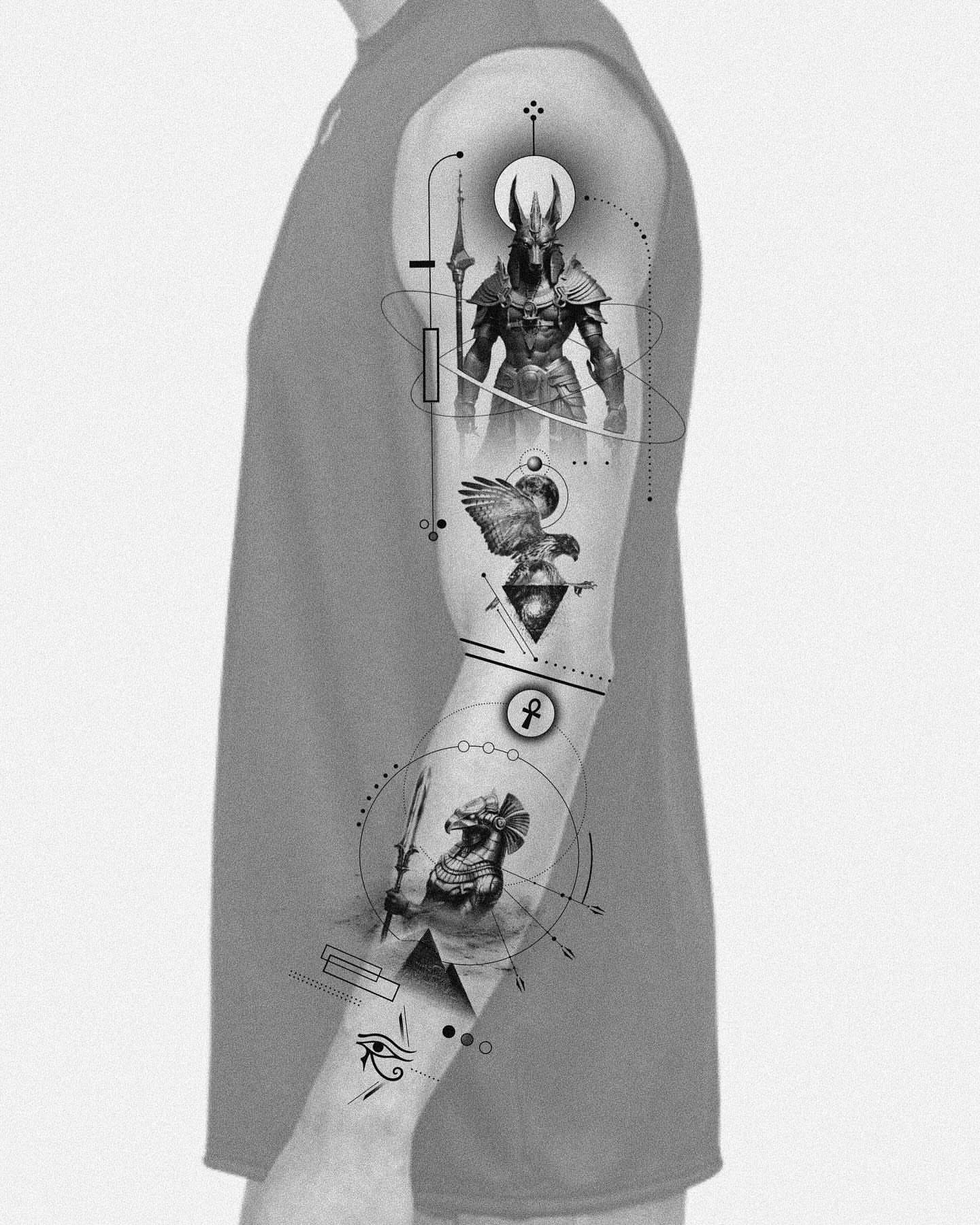 Ancient egyptian deities geometric tattoo on the forearm by Seraph Geometry
