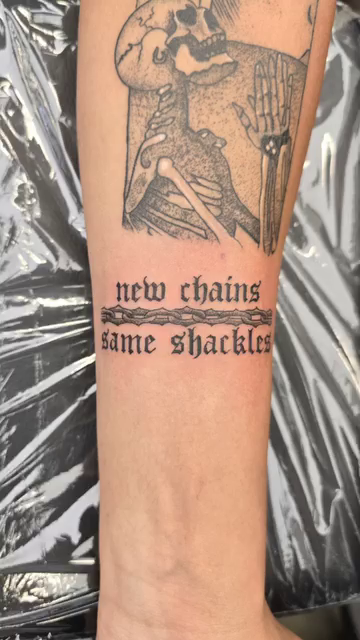 Skeleton and chains realism tattoo by Camuel Whaley