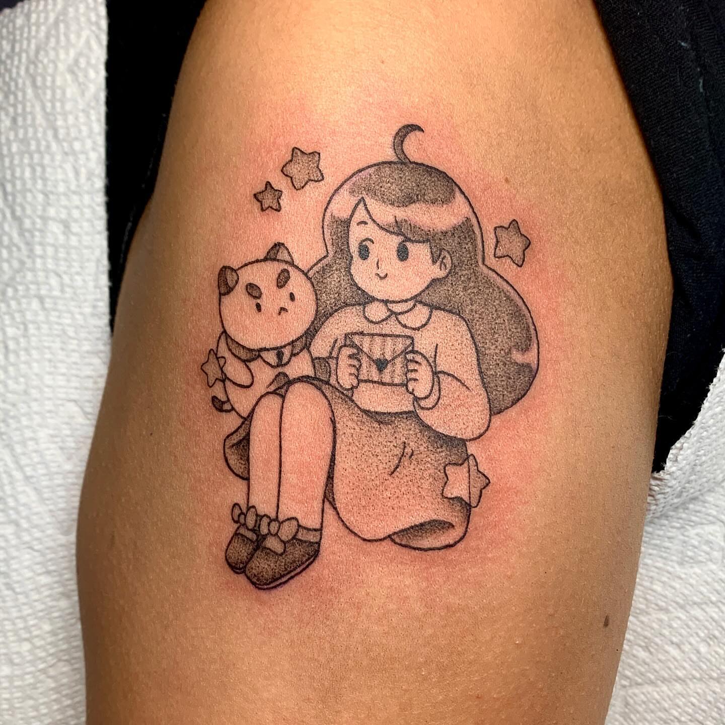 Child and cat dotwork tattoo on the thigh by ⓣⓞⓡⓘ, Bangor, Maine