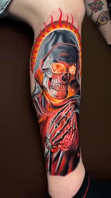 Grim Reaper with fiery skull dark realism tattoo by Bobby Cupparo
