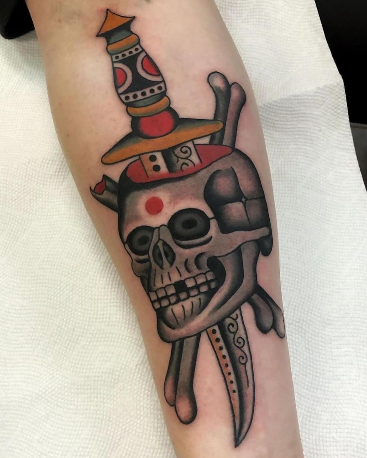 Skull with hat American traditional tattoo on the forearm by Ben Fiedler