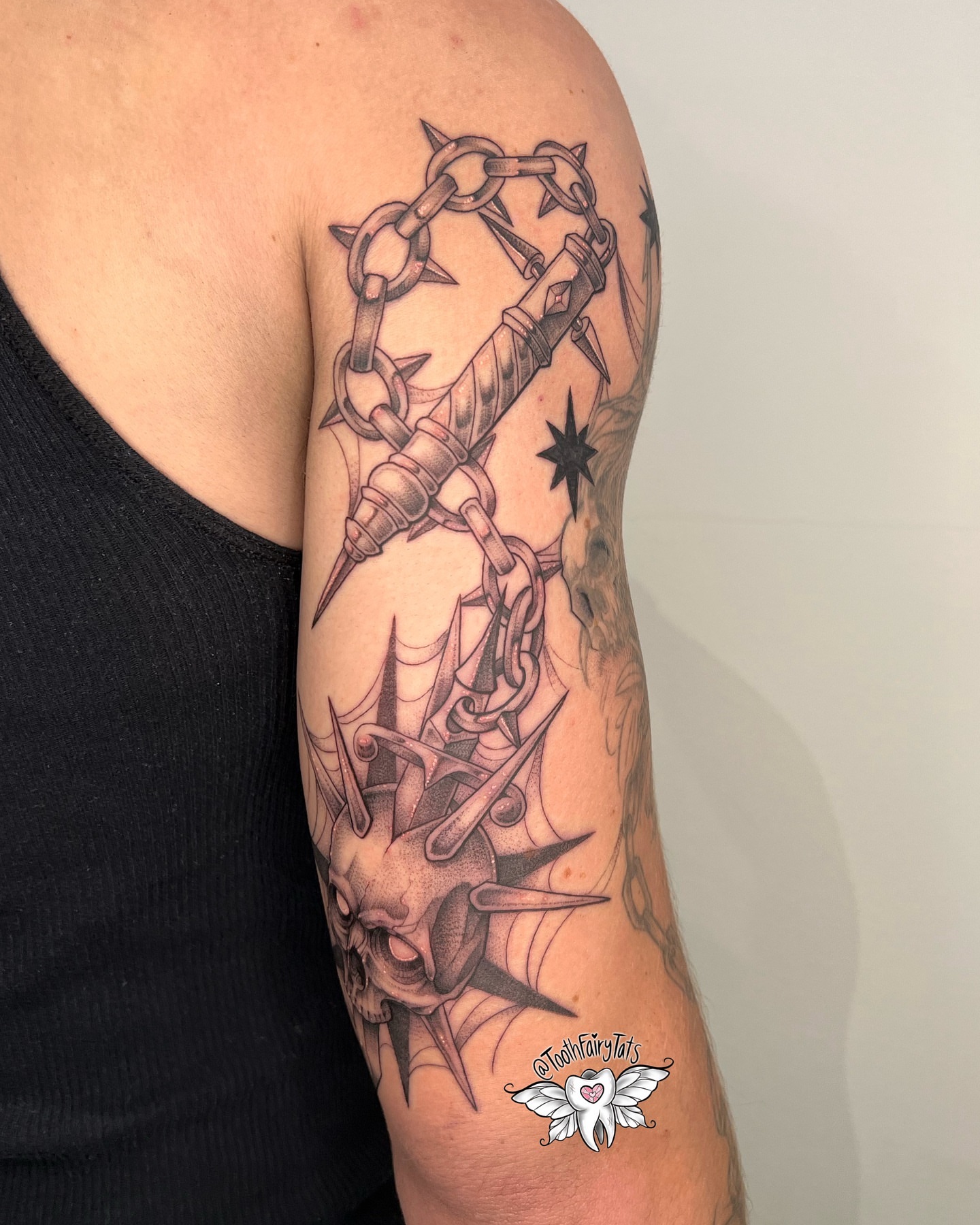 Chain and dagger black and grey tattoo on the forearm by ✮shayla ganong✮