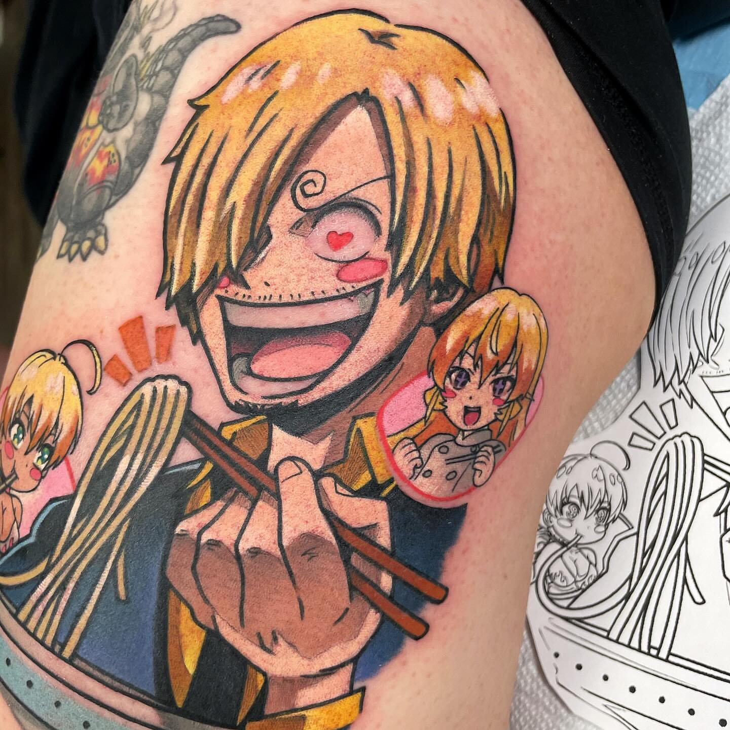 Chibi character anime tattoo on the thigh by Bold Anime Tattoos