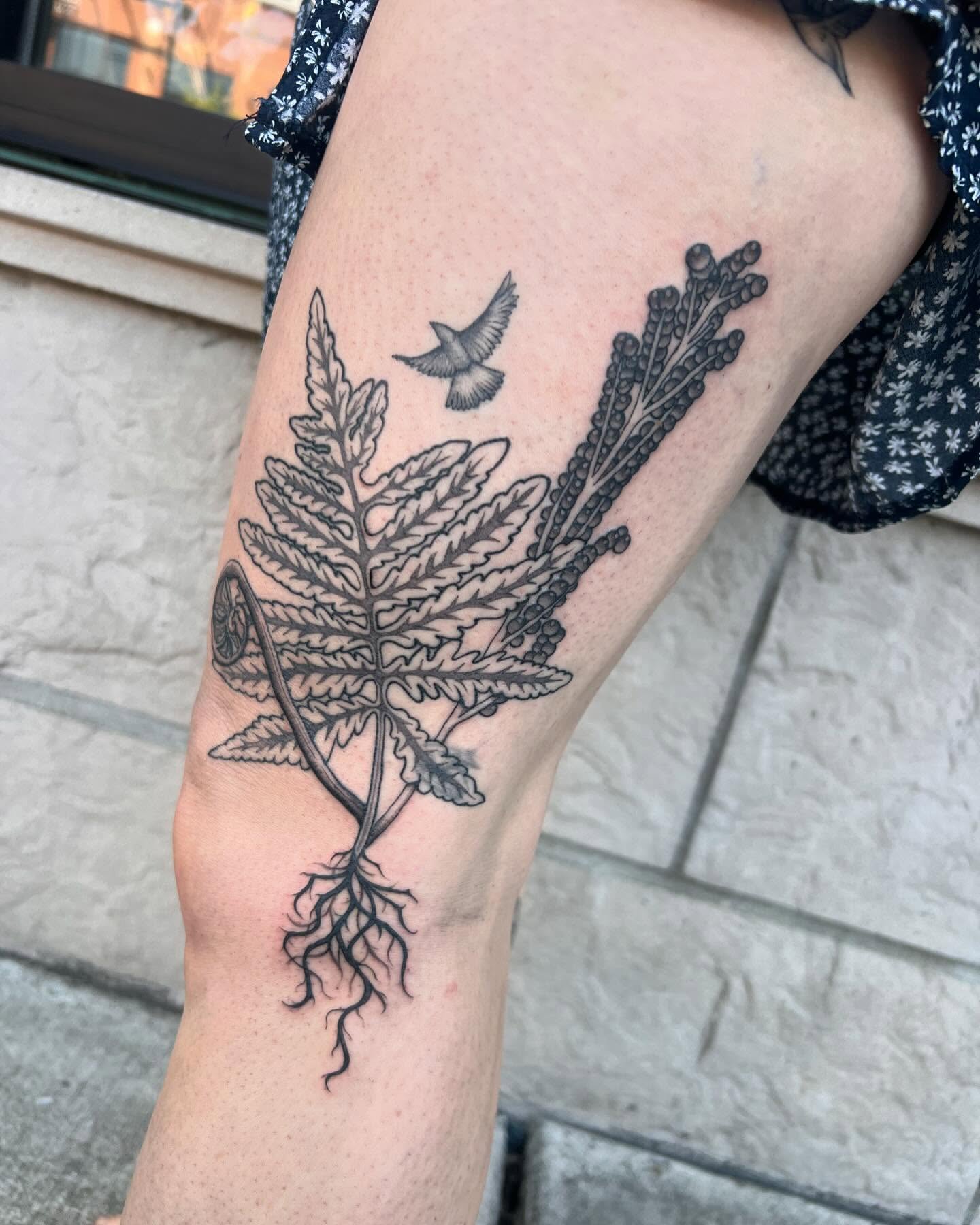 Fern and bird black and grey tattoo on the thigh by Tasha Venola, Bellingham, Washington