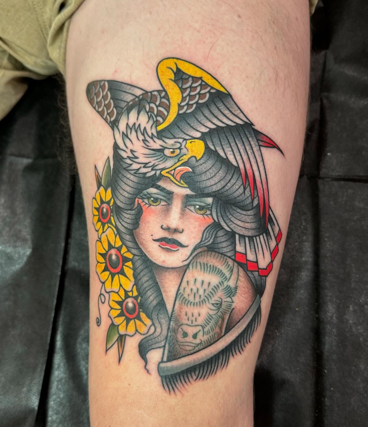 Woman with eagle American traditional tattoo on the thigh by Jay Espinoza-AZ Tattooer