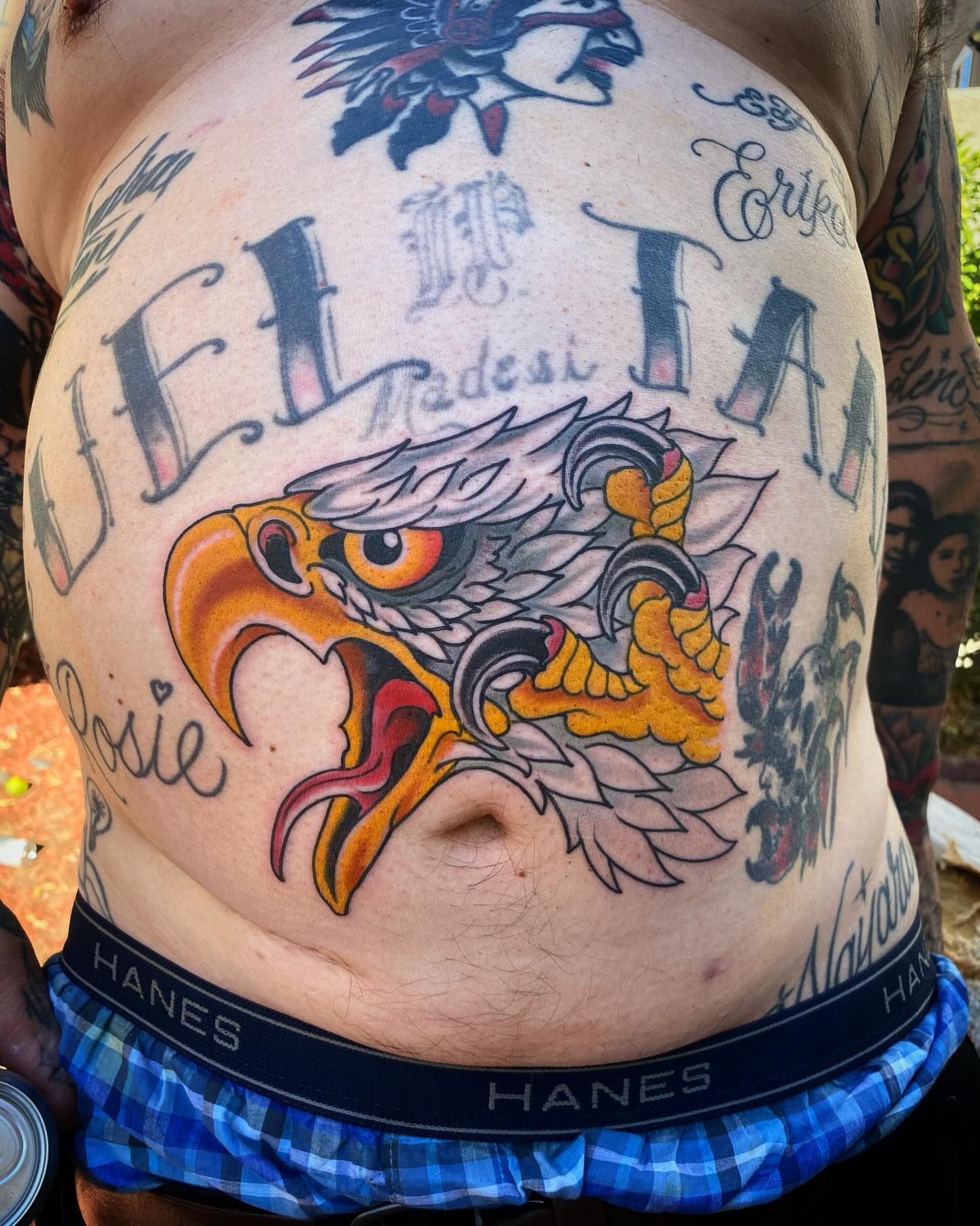 Eagle American traditional tattoo on the torso by Adam Warmerdam, Los Angeles, California