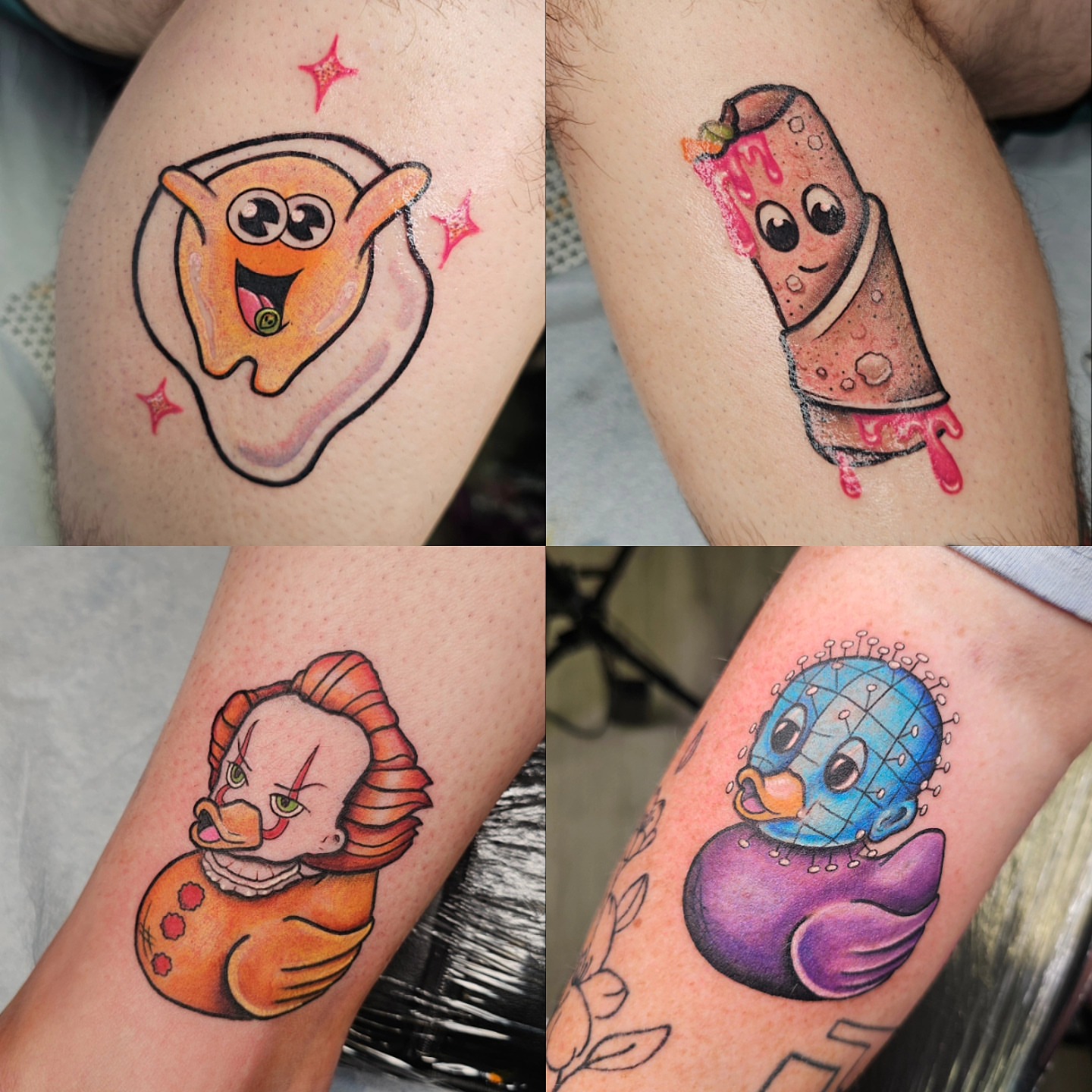 Cartoon characters illustrative tattoo on the upper arm by Kelsey Lorrae, Ankeny, Iowa