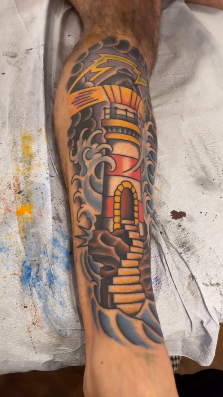 Lighthouse and waves japanese irezumi tattoo by Grandma Approved, Chicago, Illinois