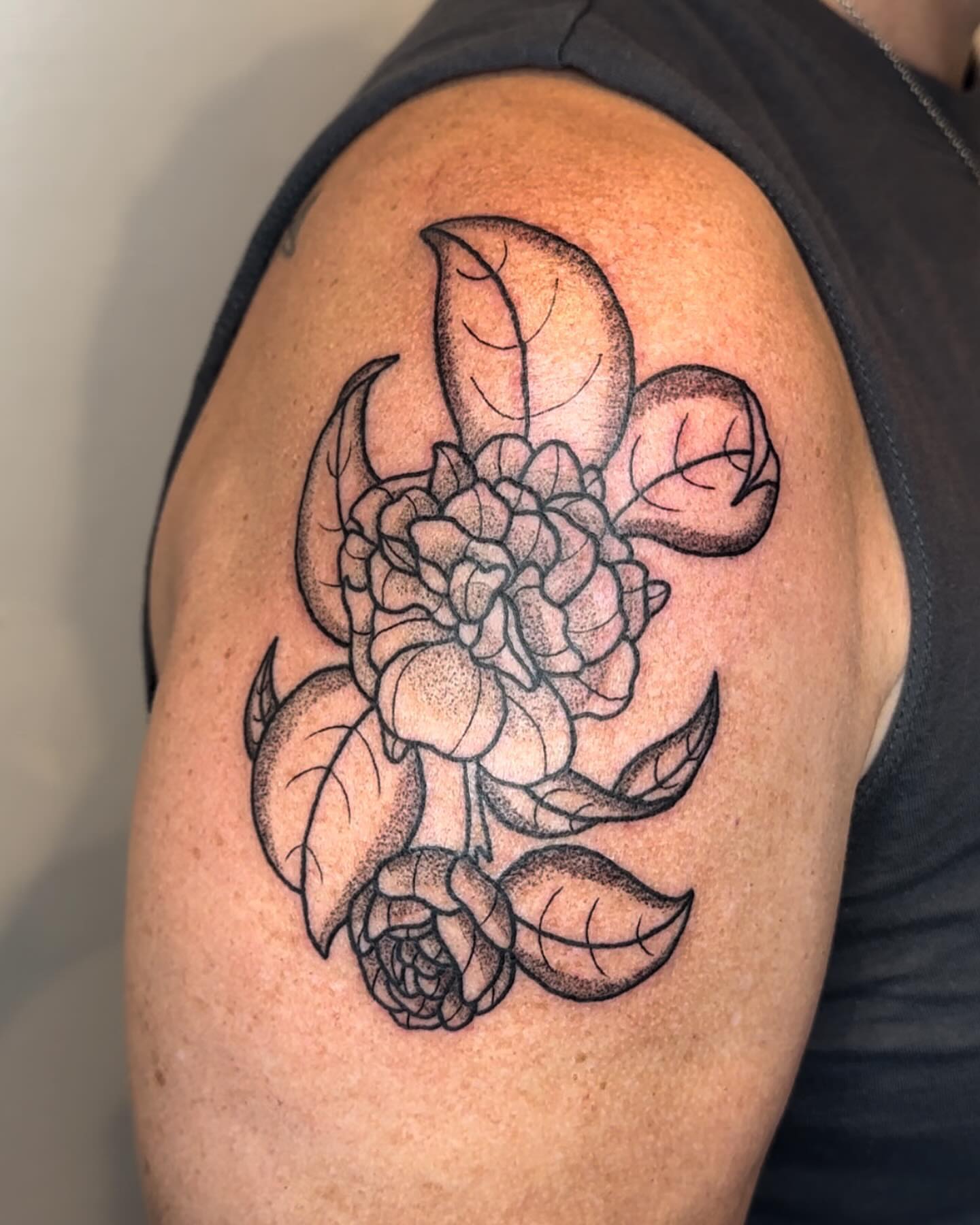 Flower and leaves dotwork tattoo on the shoulder by savannah ★ ( previously feralratbabe )