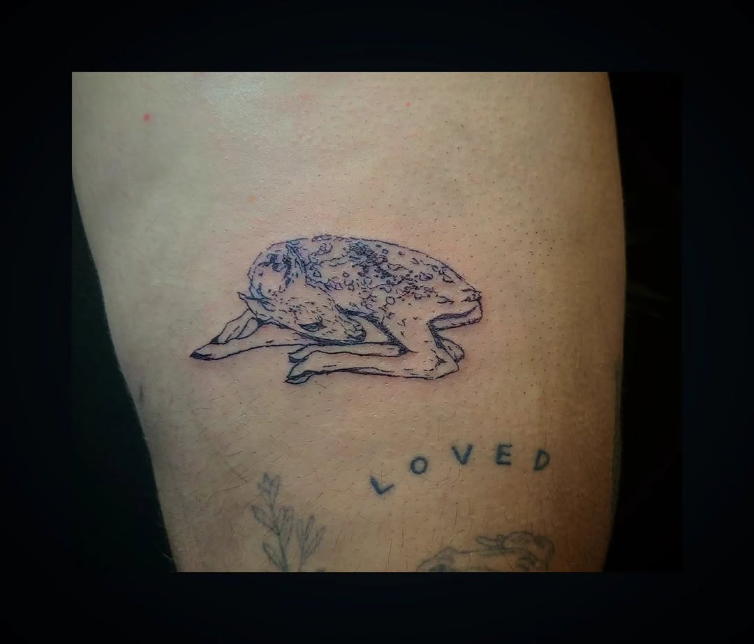 Fawn fine line tattoo on the thigh by Willow ~ Fade Into You Tatu