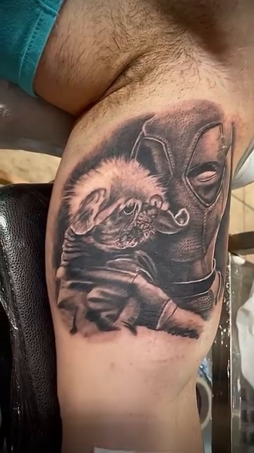 Deadpool and a pug realism tattoo by Nick Harrison, Dayton, Ohio