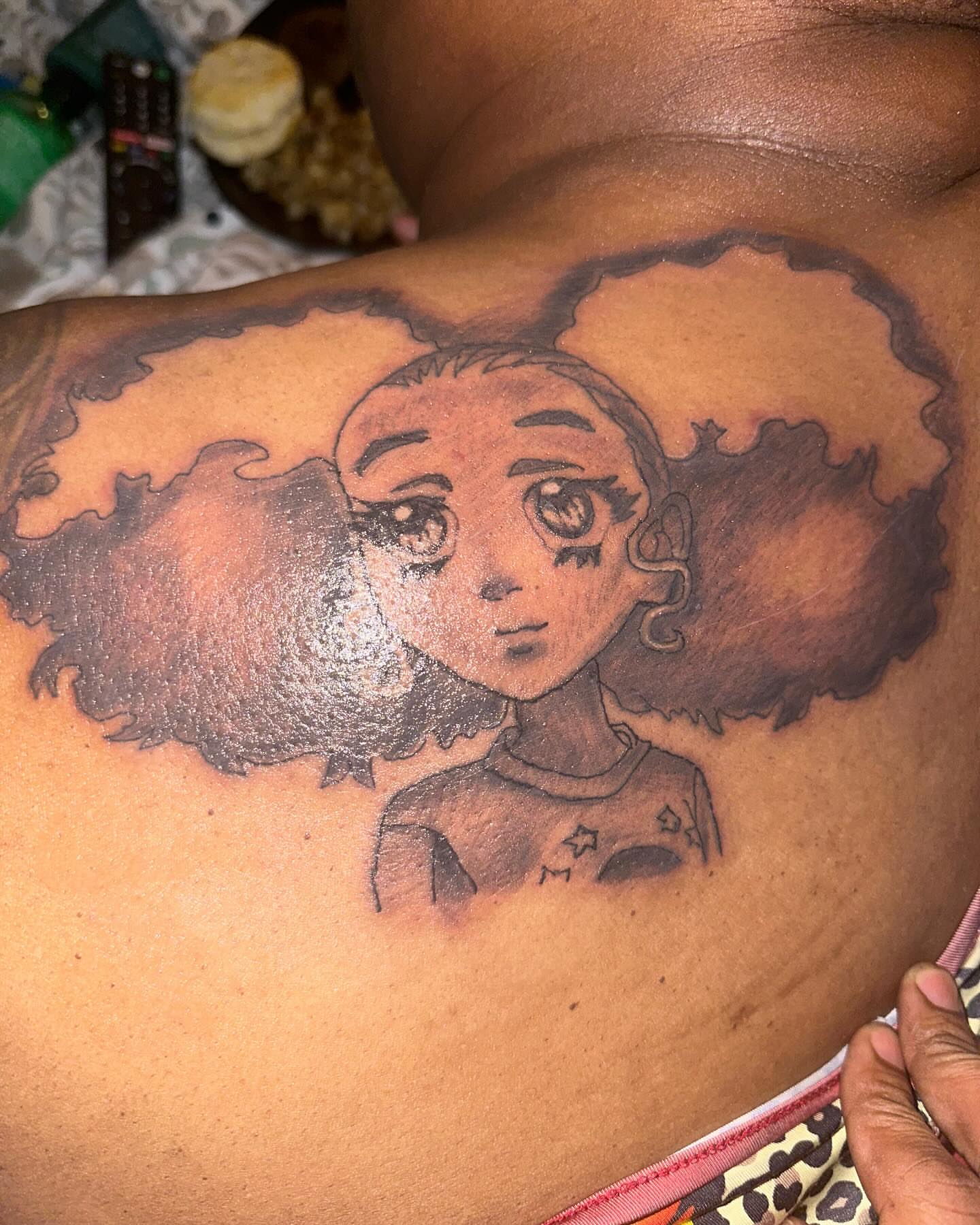 Afro girl black and grey tattoo on the shoulder by Chieftats614π₯
