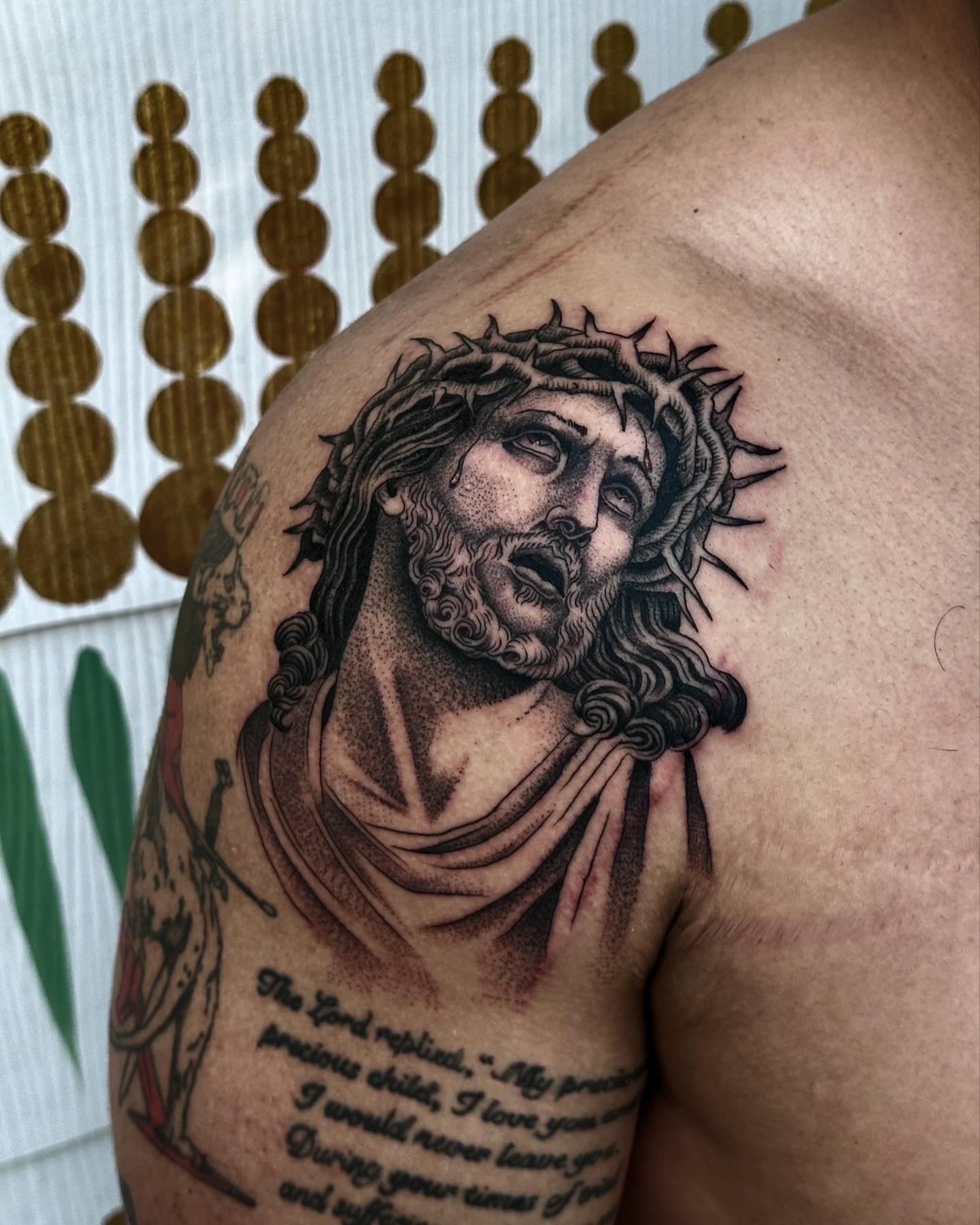 Jesus Christ realism tattoo on the shoulder by Matthew, Georgetown, Texas