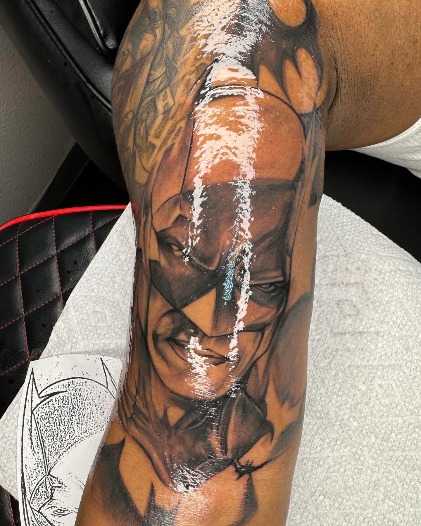 Batman realism tattoo on the forearm by @inkhazmat