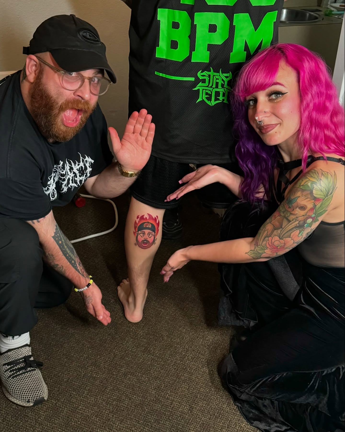 Flame with face American traditional tattoo on the thigh by 𝔐𝔞𝔯𝔰 ✨