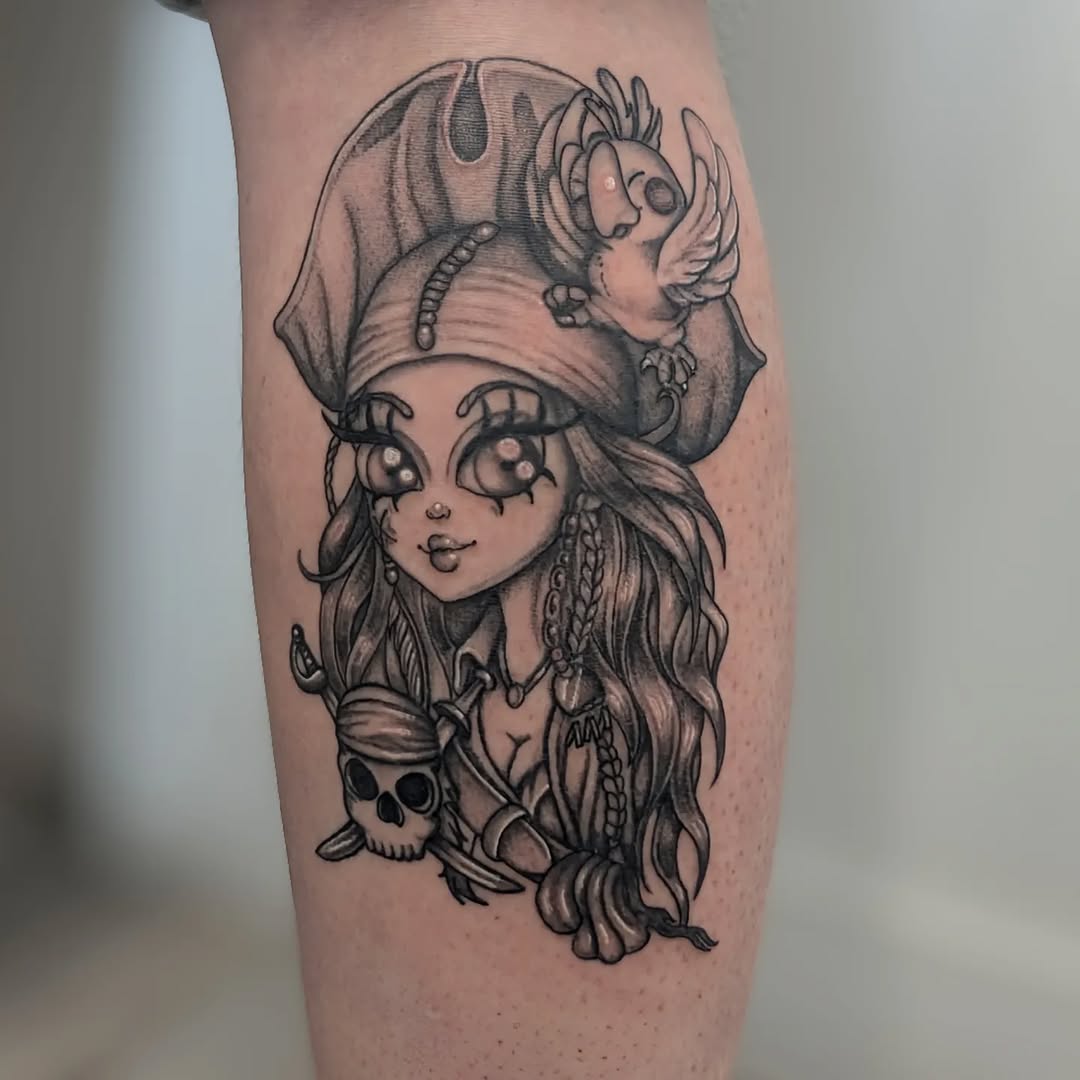 Pirate girl with parrot and skull realism tattoo on the forearm by Deborah