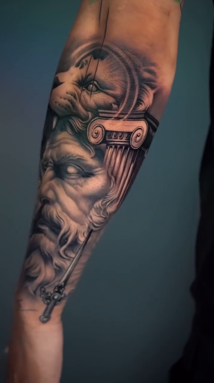 Greek god with lion helmet realism tattoo by Ana Reyes