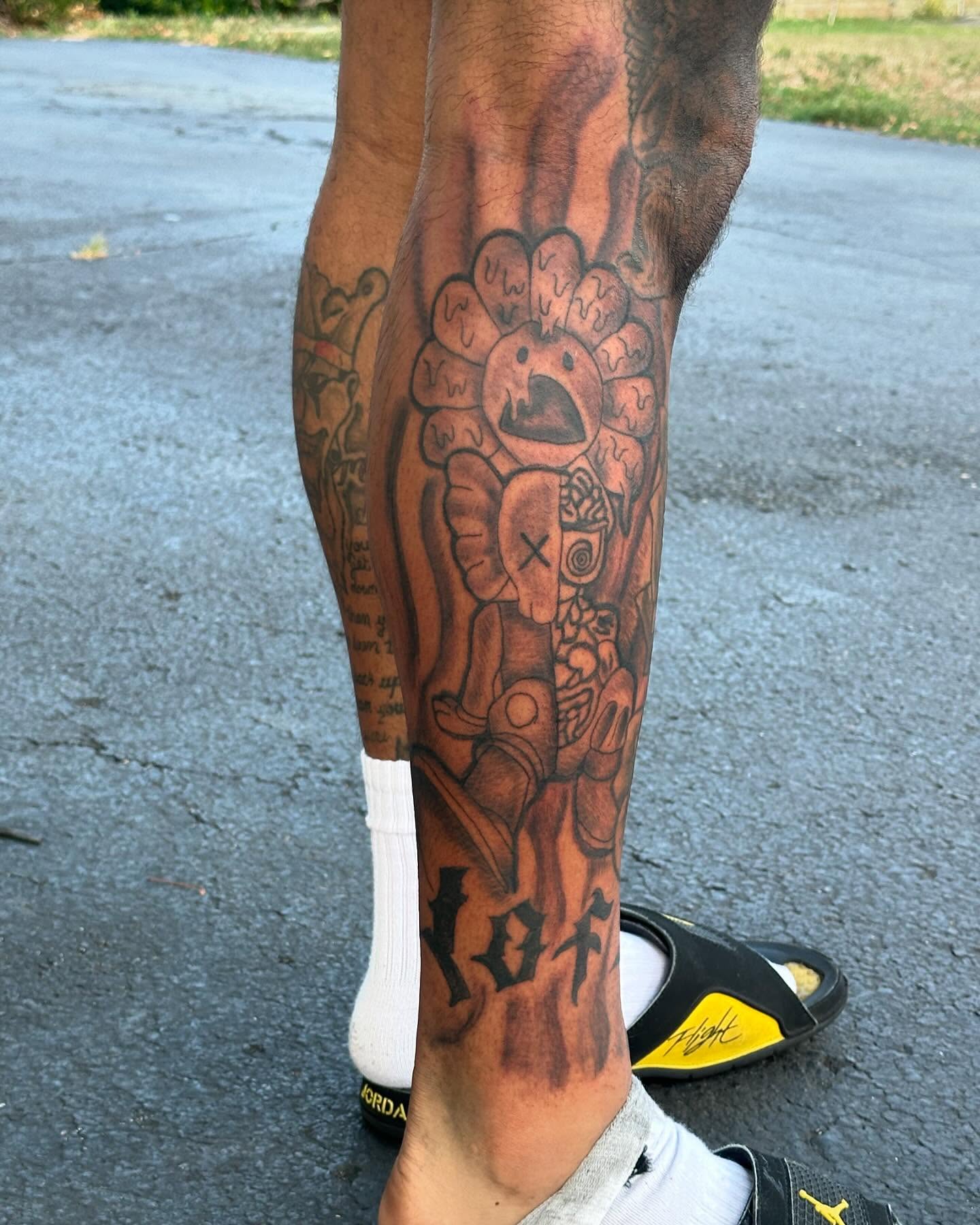 Abstract figure black and grey tattoo on the calf by Chieftats614π₯
