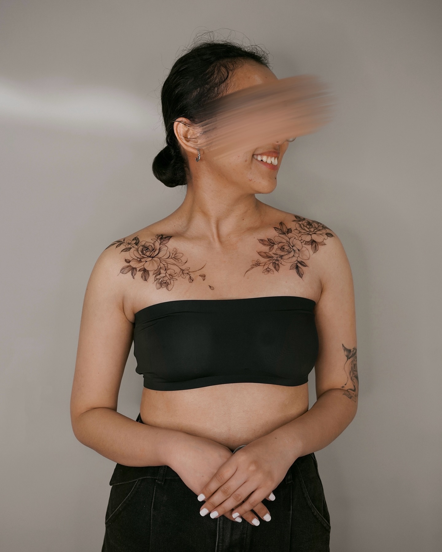 Floral black and grey tattoo on the chest by Yeonji