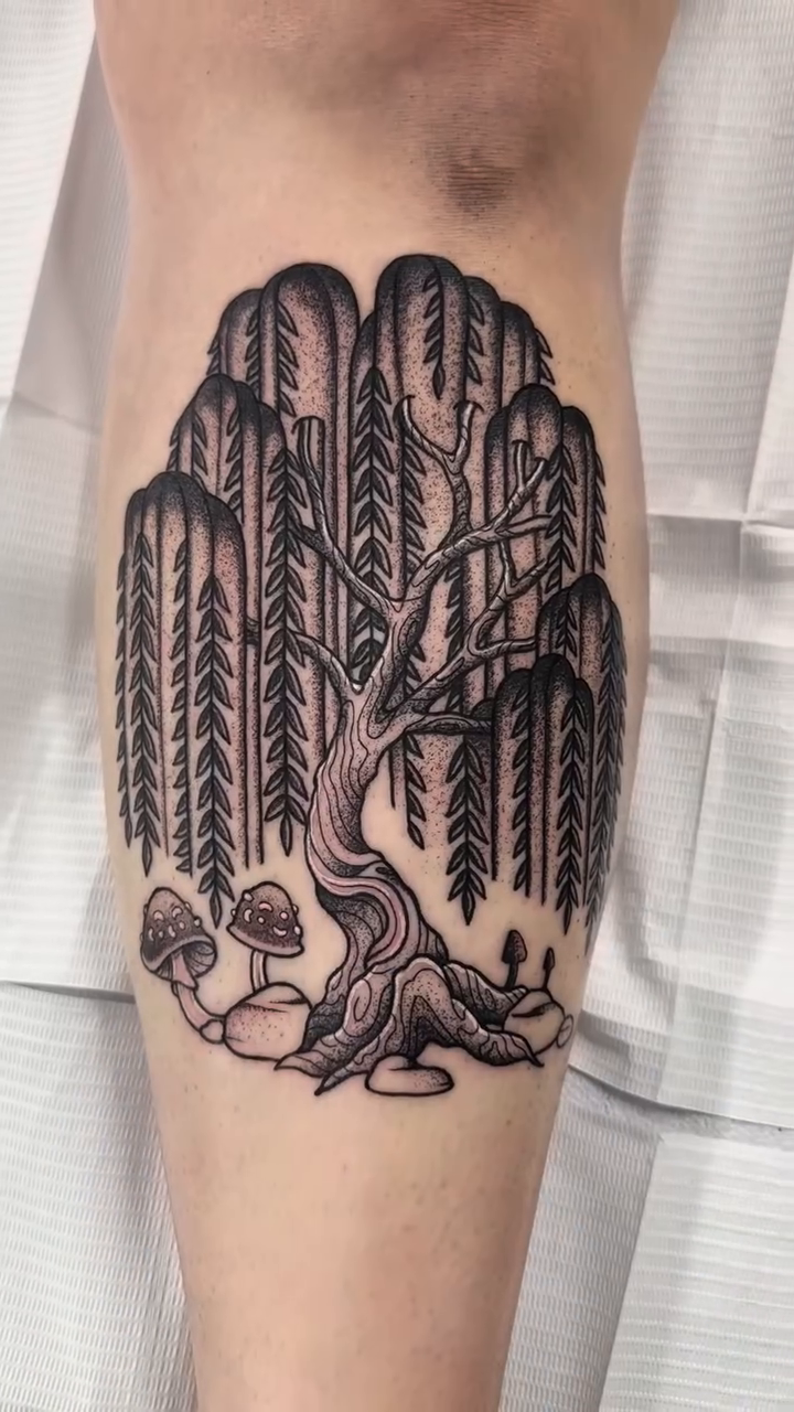 Willow tree and mushrooms realism tattoo by Sierra Hiddleson- Phoenix Arizona Tattoo