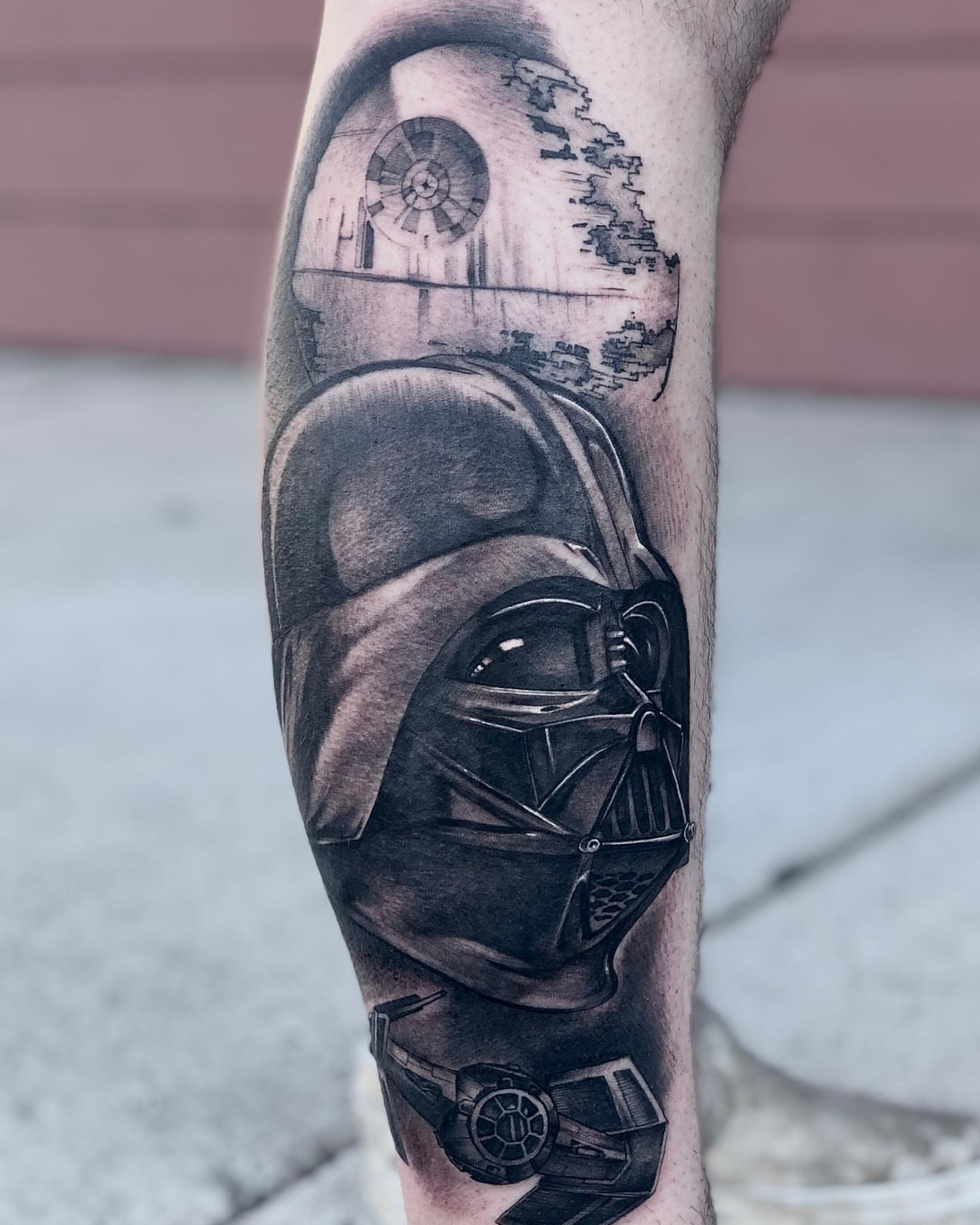 Darth vader helmet realism tattoo on the forearm by Aaron Borden