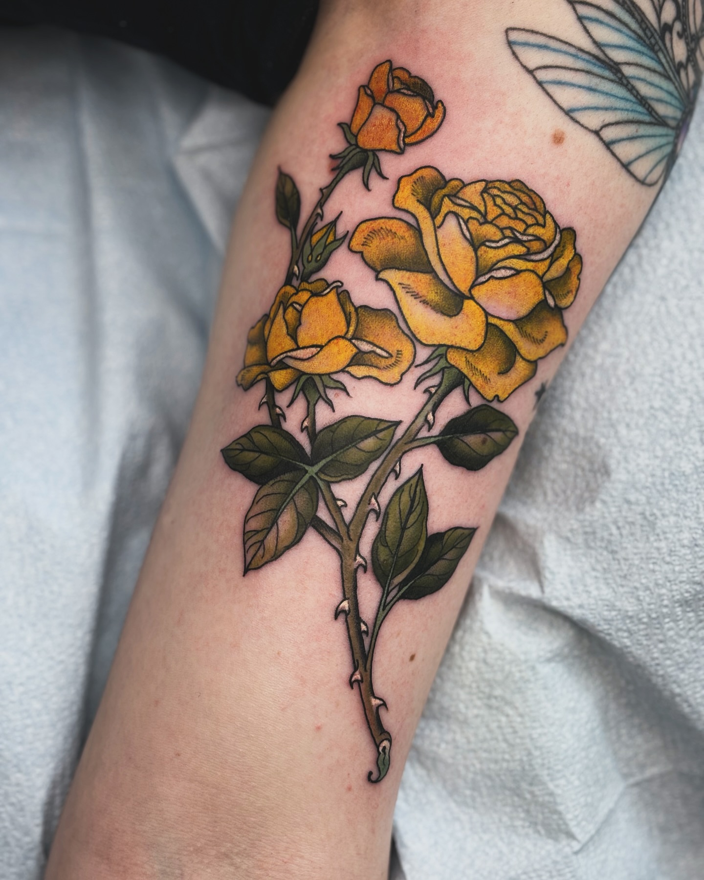 Yellow roses realism tattoo on the forearm by Adam Bailey, Portland, Oregon