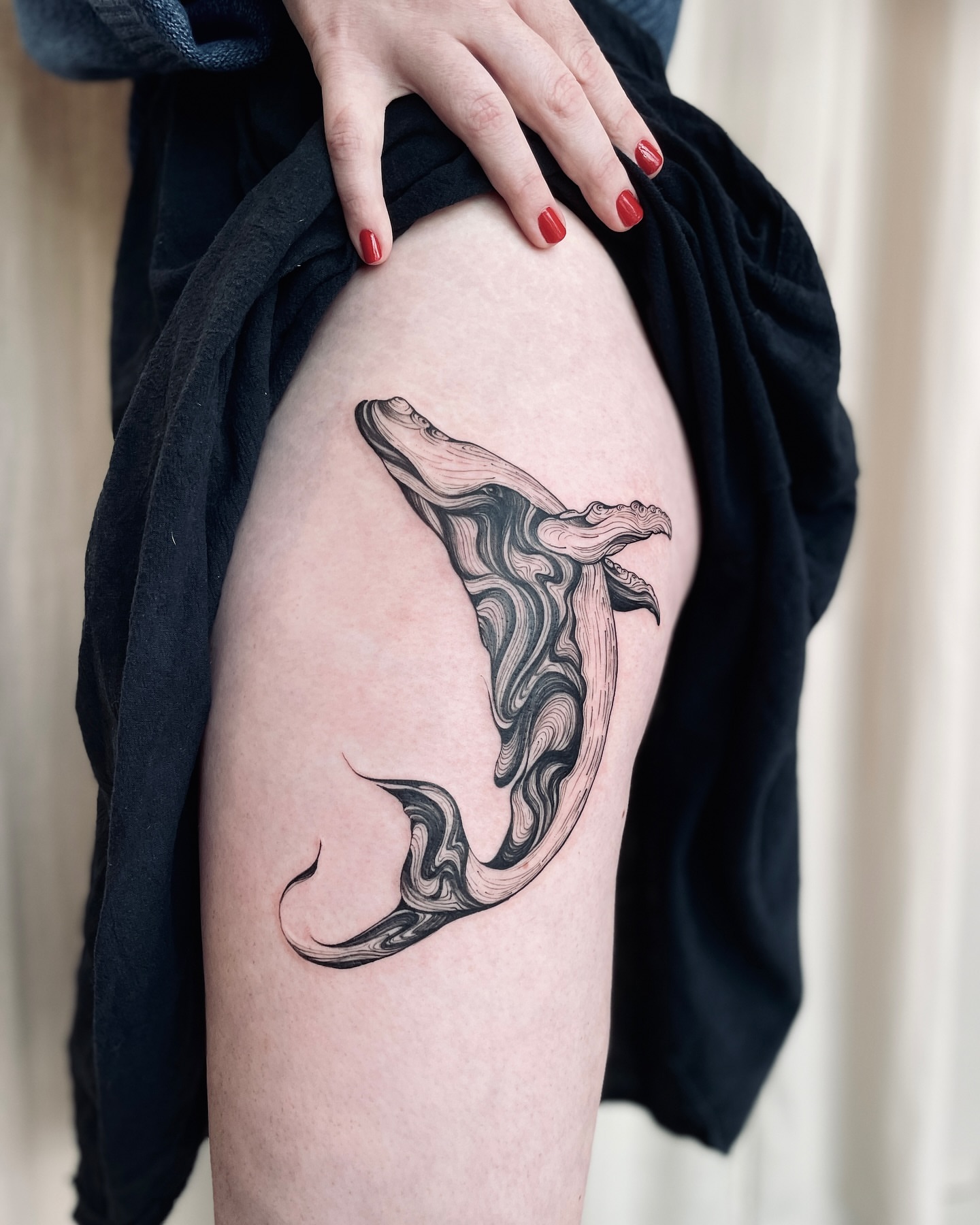 Whale black and grey tattoo on the thigh by Dung Ngo