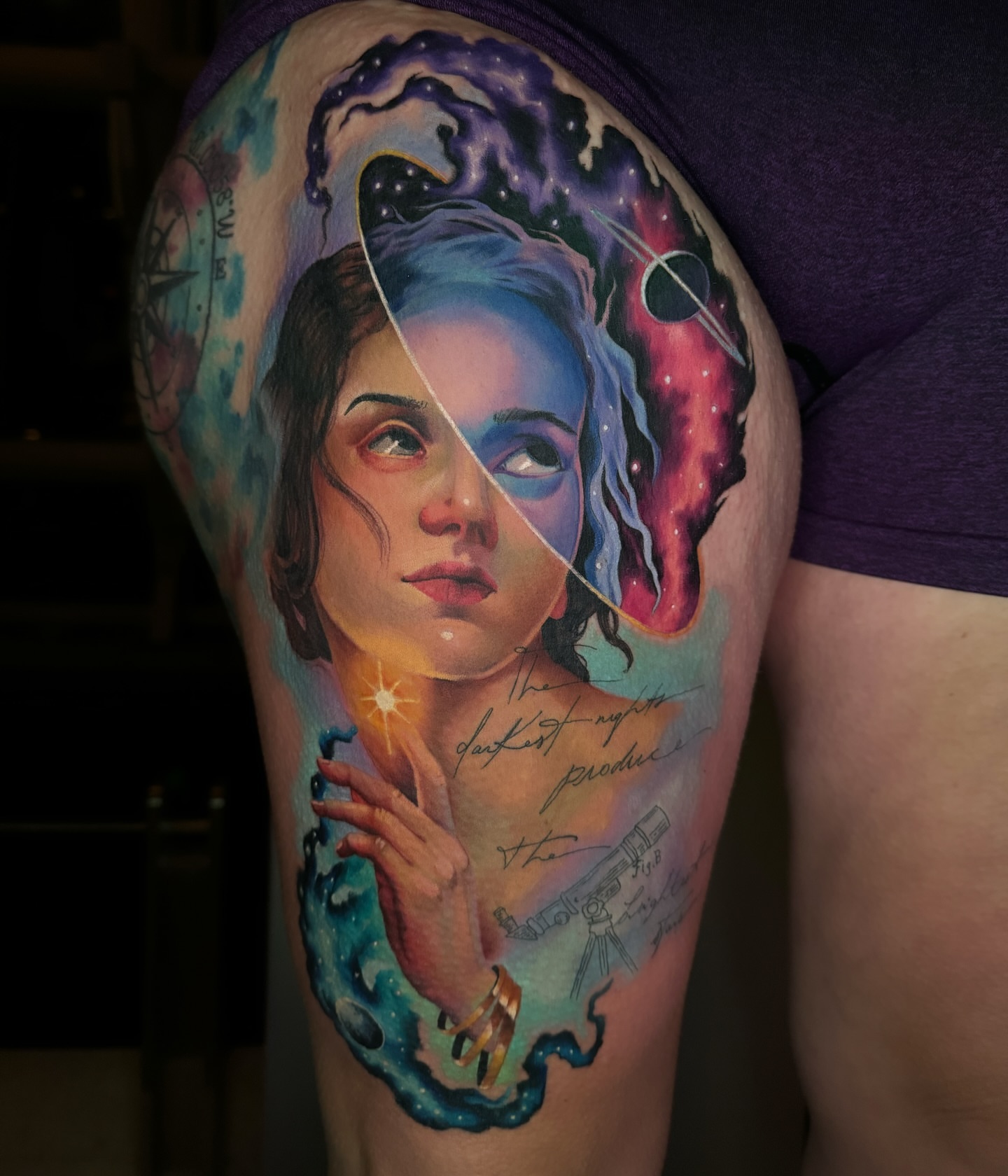 Portrait of a woman realism tattoo on the thigh by Jeremy✨Sloo✨ Hamilton, Charlotte, North Carolina